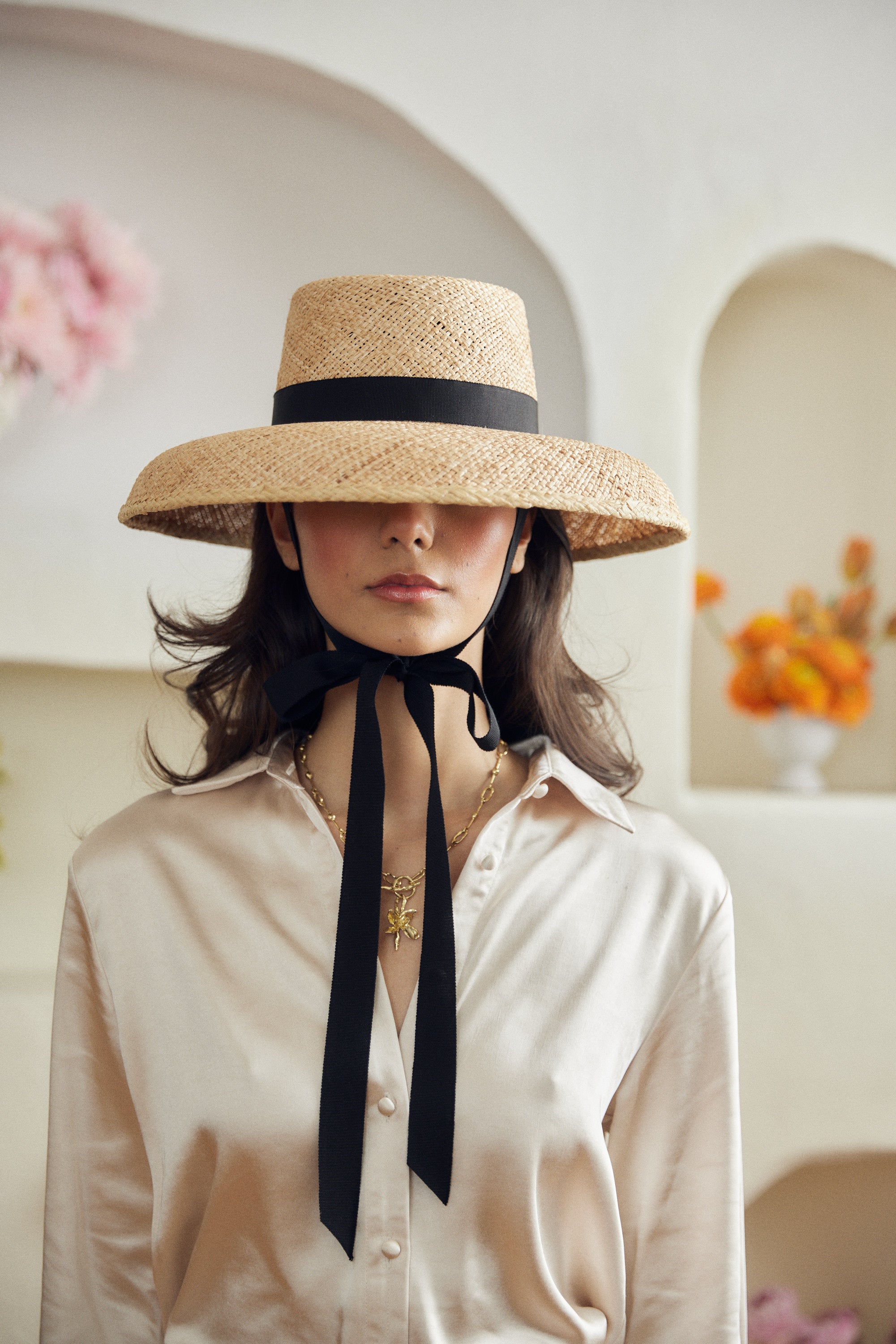 Calcarella straw hat - Detachable black grosgrain ribbon