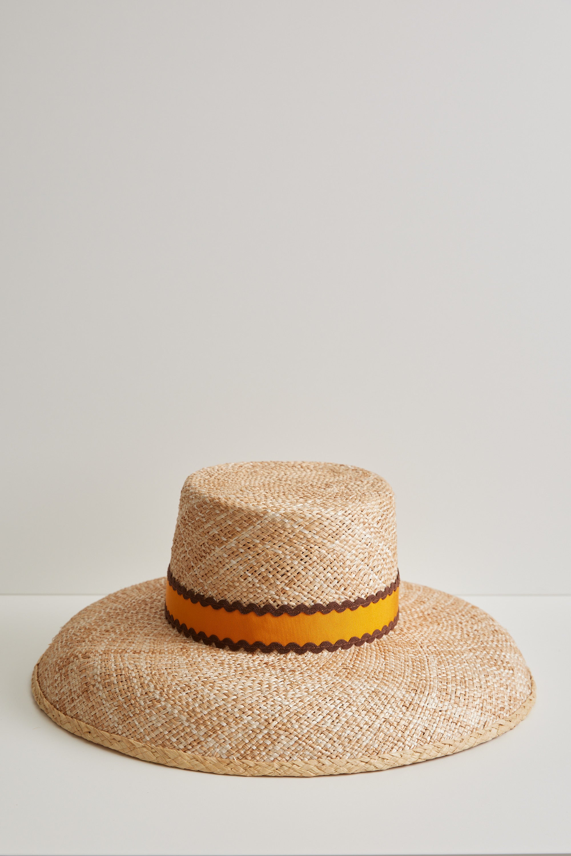 Calcarella straw hat - Detachable orange grosgrain ribbon with brown ric-rac