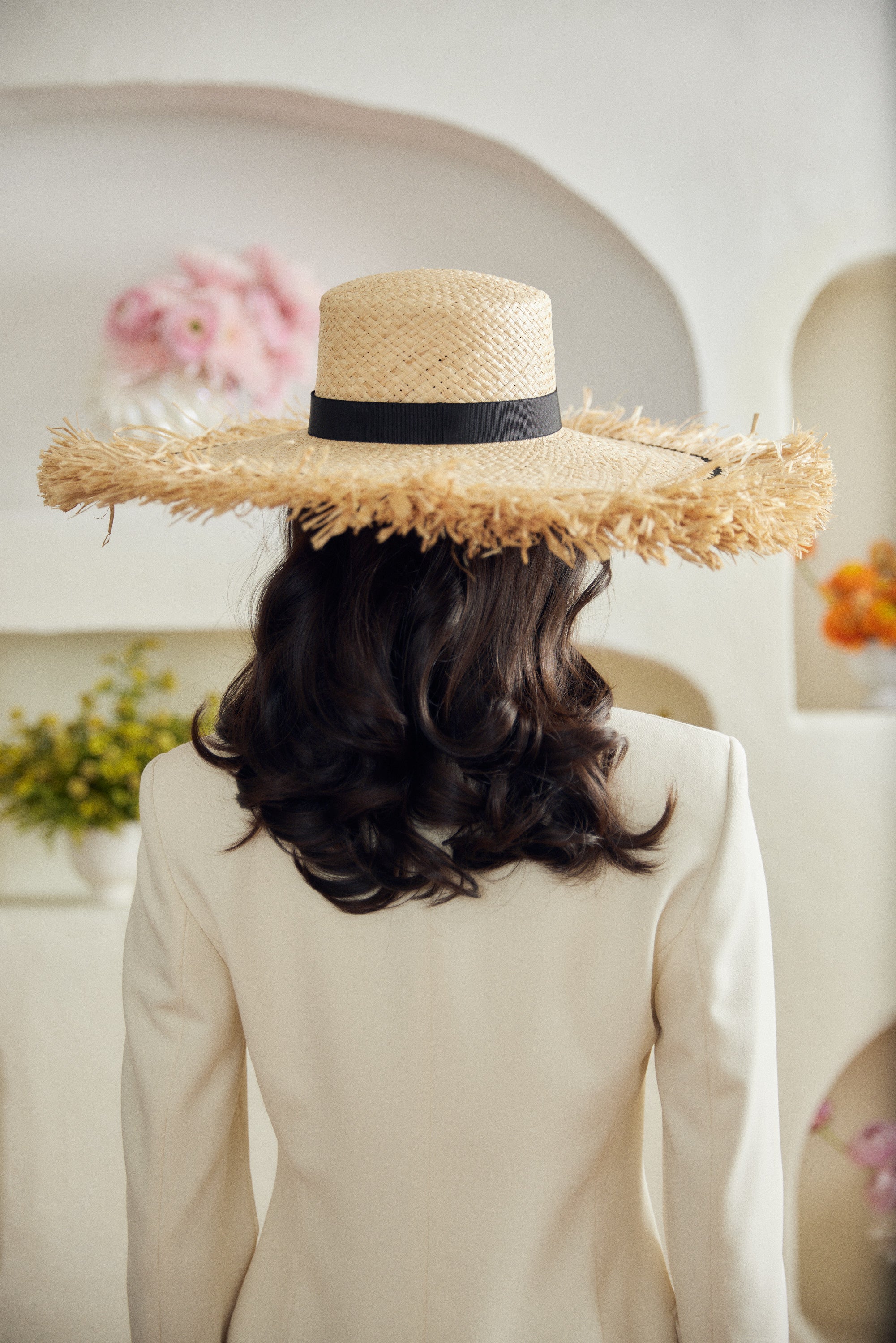 Dahlia straw hat - Extra wide with fringed edge and detachable ribbon