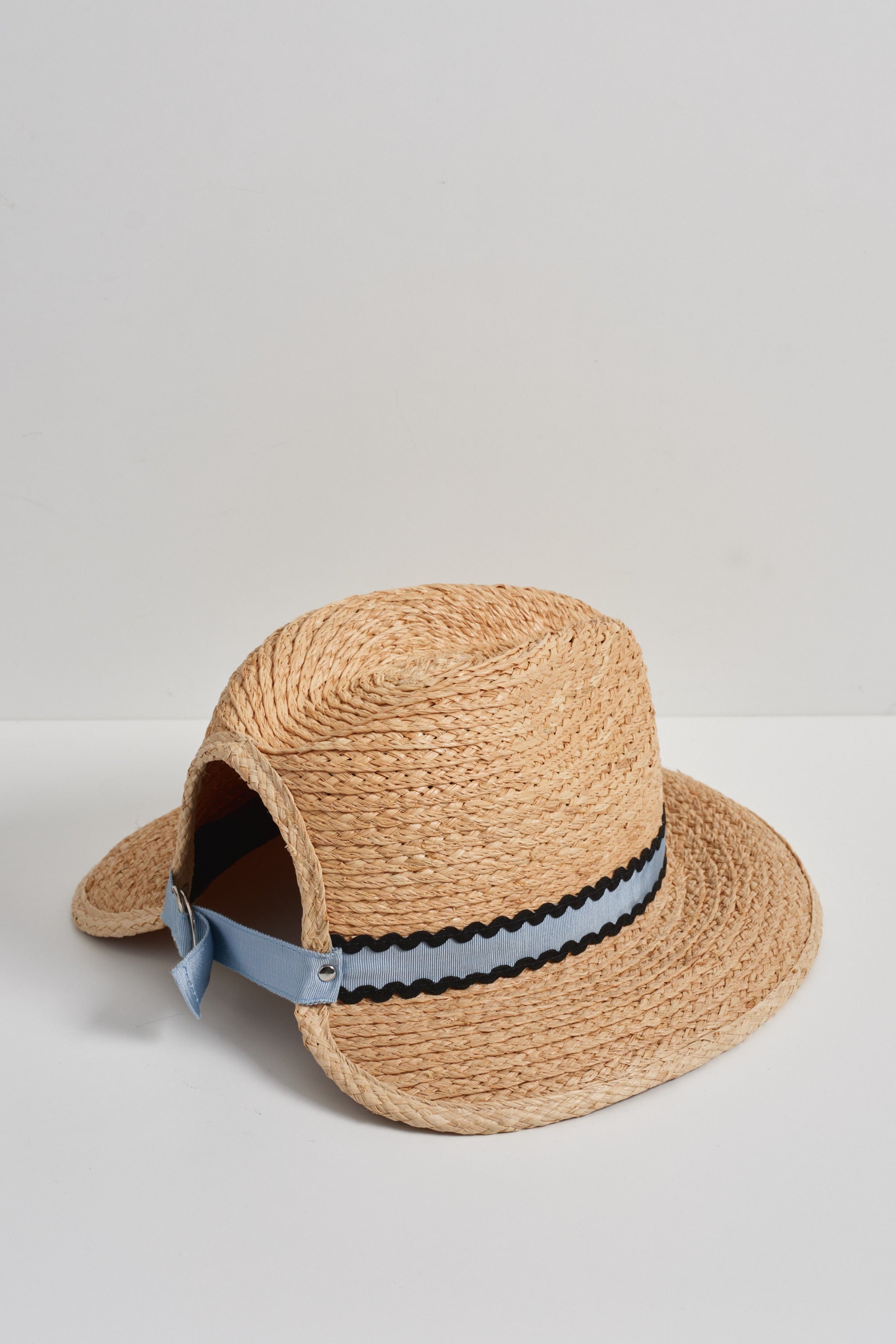 Anemone | Adjustable straw fedora hat | Blue ribbon black ric-rac