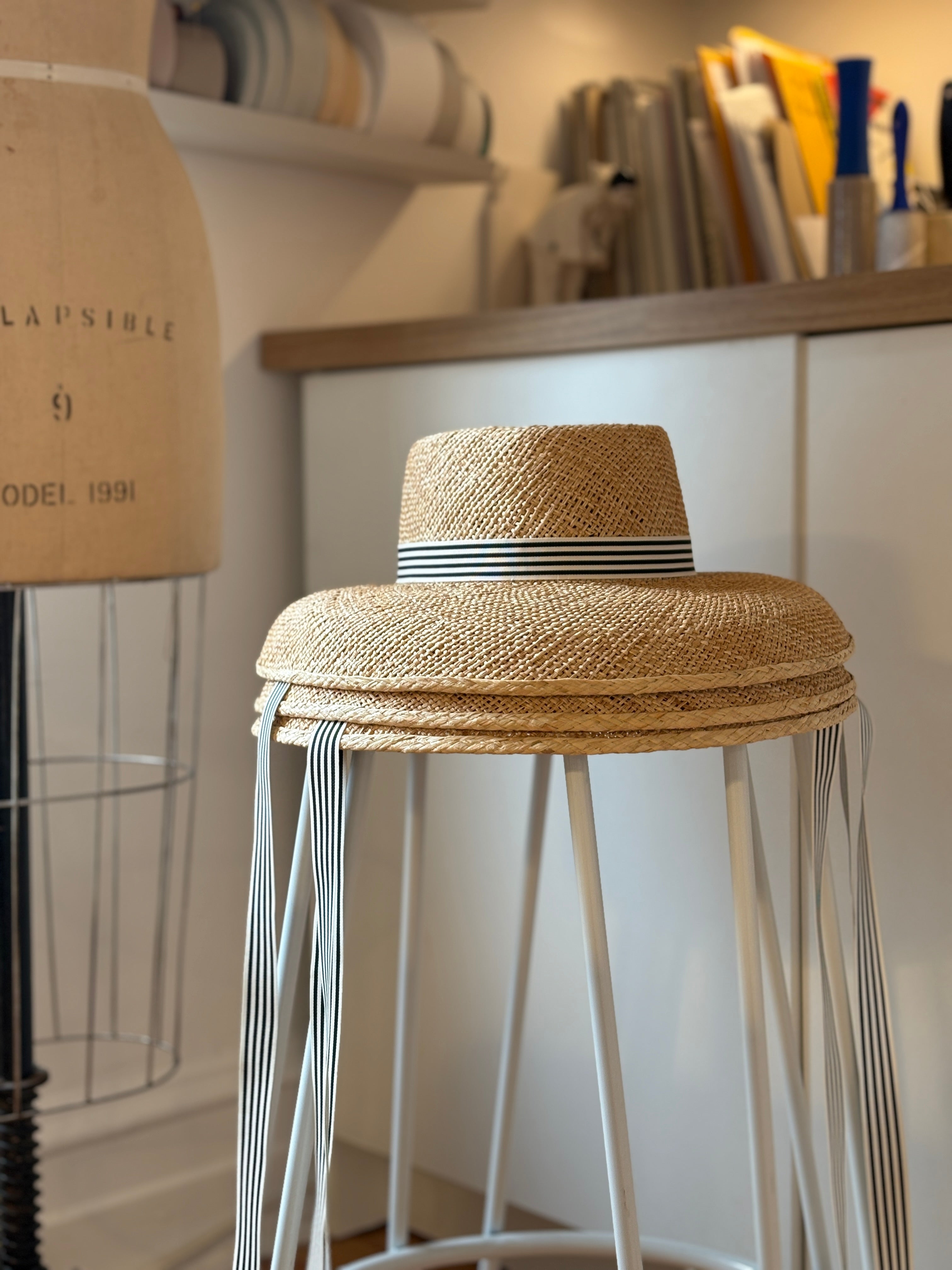 Calcarella – Classic Wide Brim Straw Boater Hat - Striped Detachable Ribbon