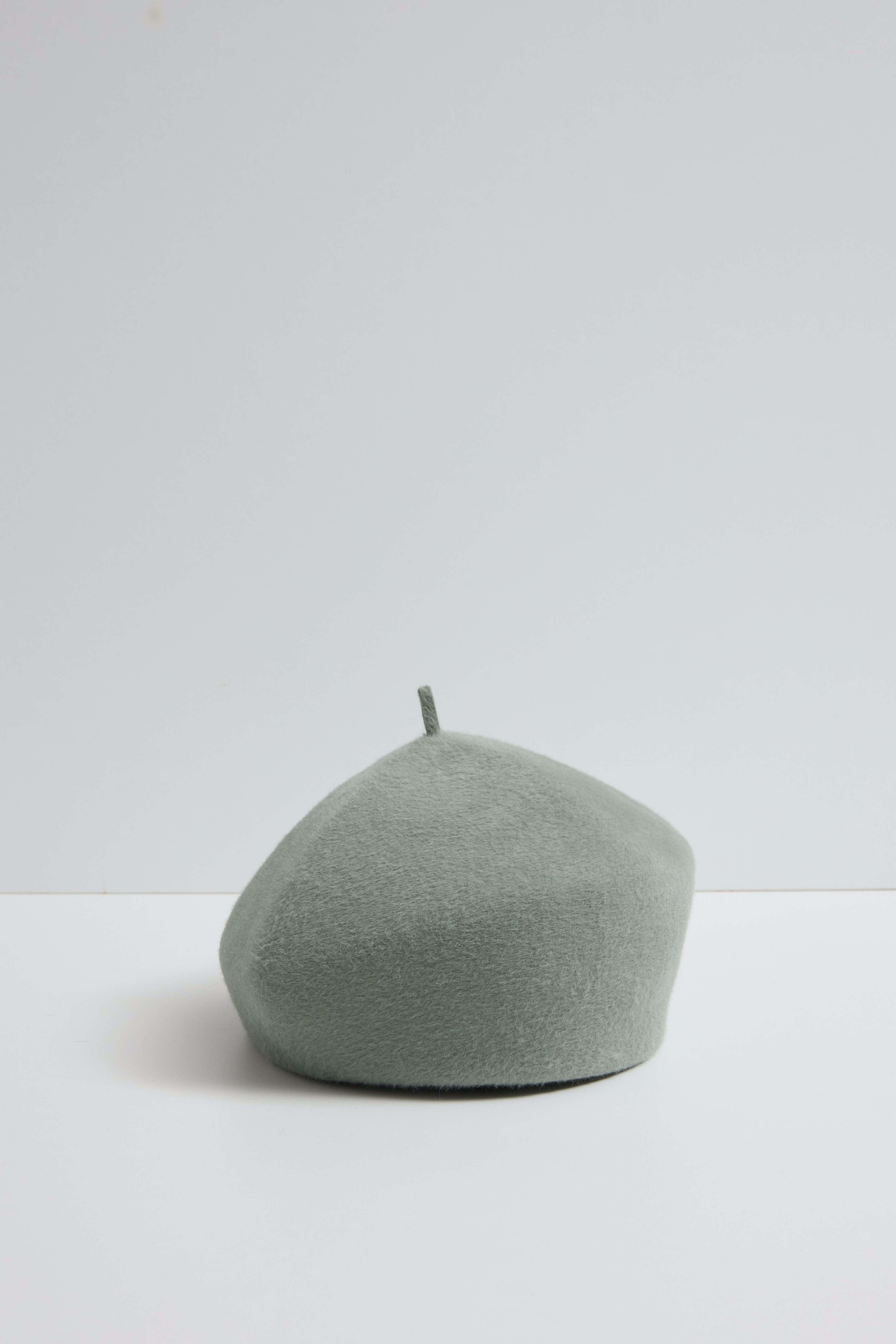 Harbin - Sculptural Structured Beret in Velour Rabbit Felt - Sage green