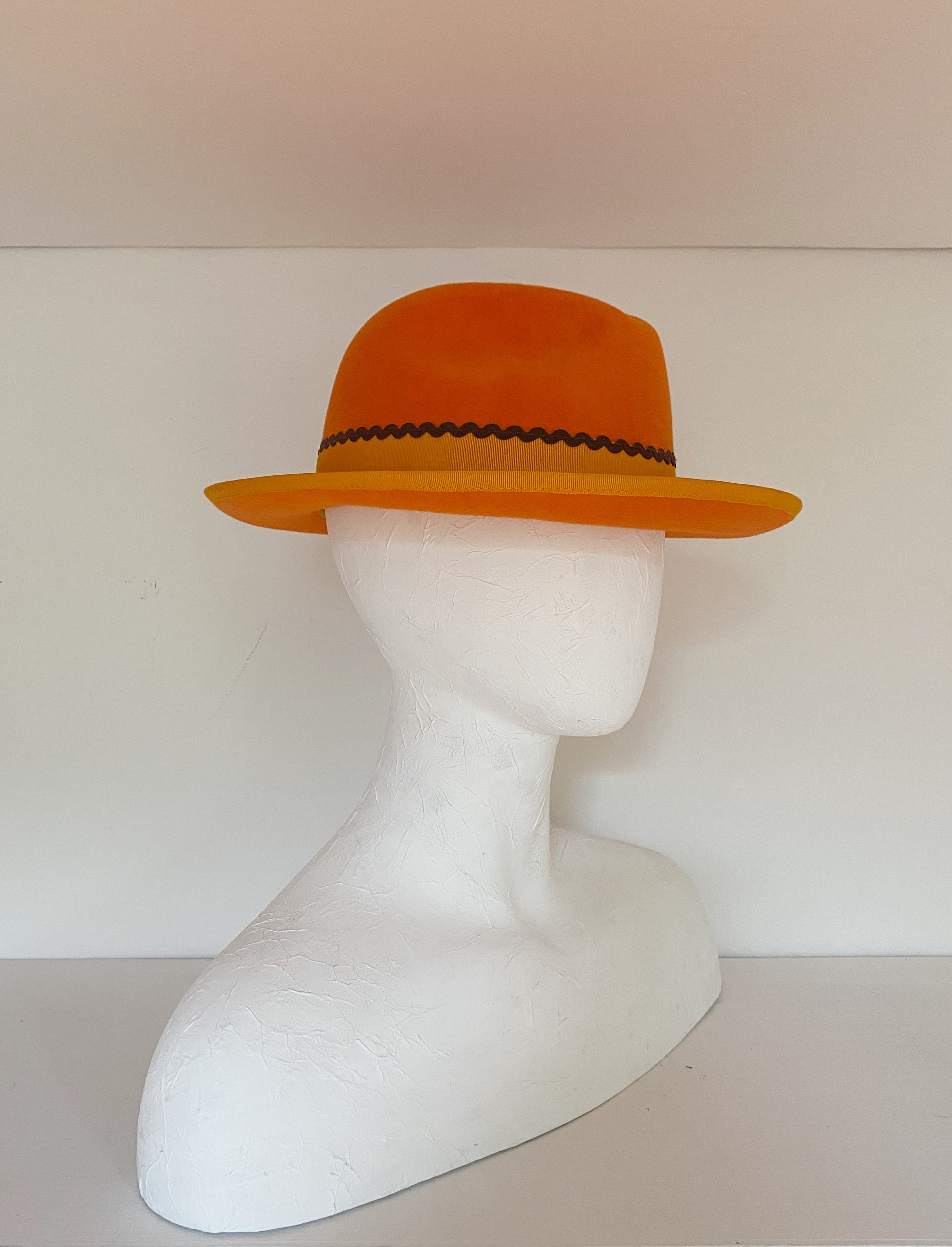 Bright orange fedora with orange grosgrain and brown ricrac (SIZE LARGE)