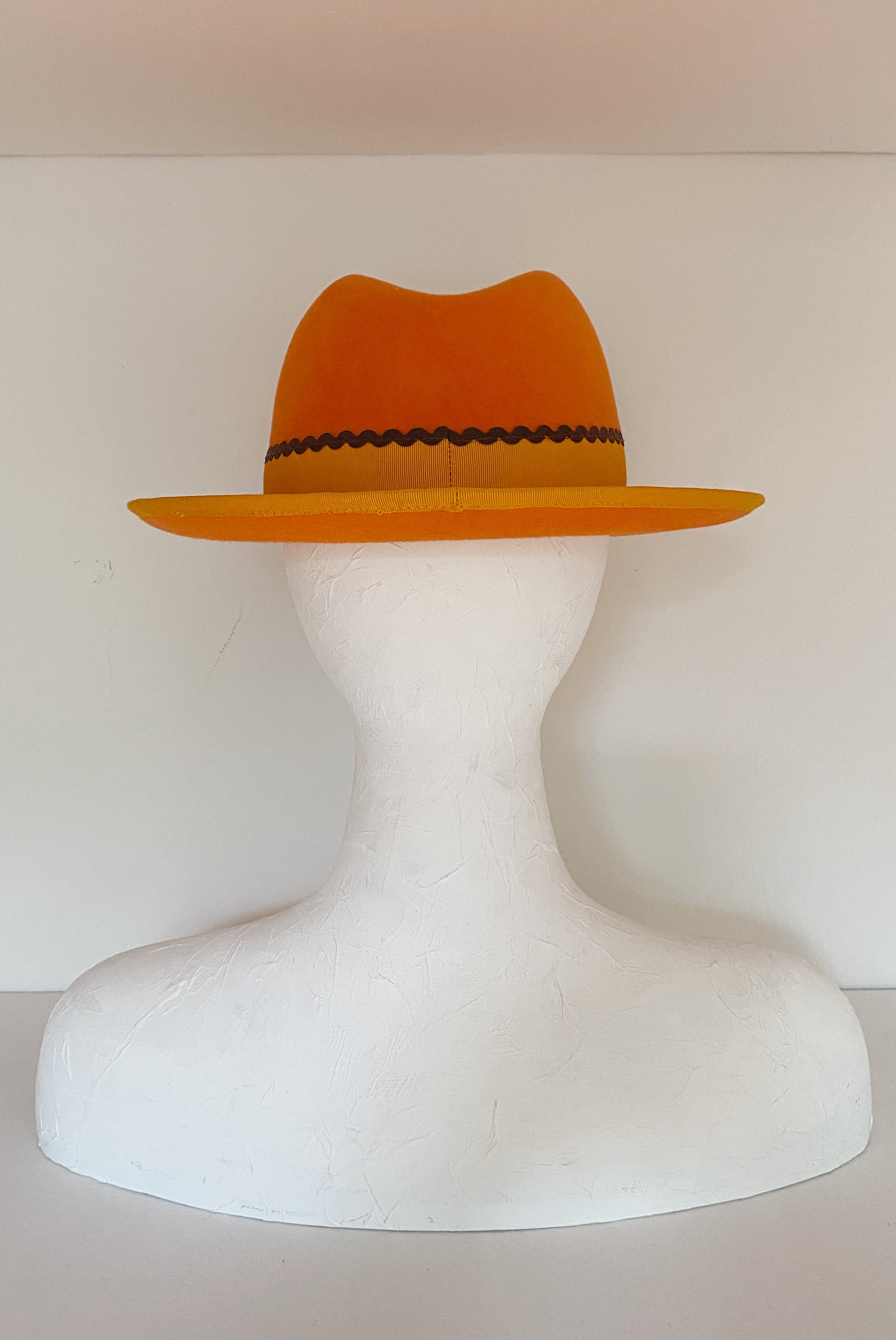 Bright orange fedora with orange grosgrain and brown ricrac (SIZE LARGE)