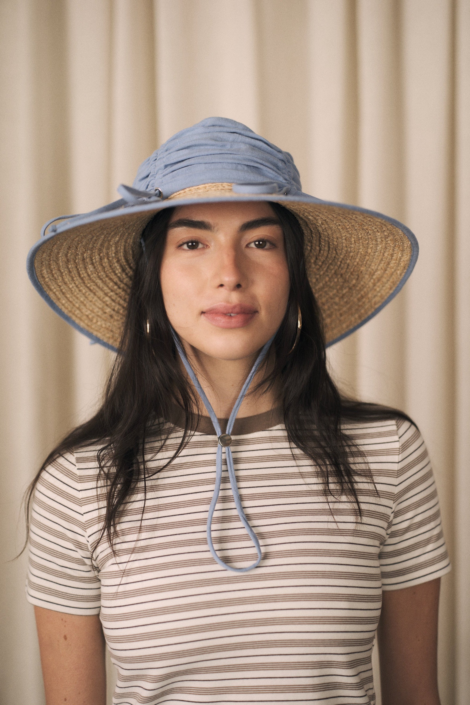 Rosemary | Wide brim ruched straw hat | Cerulean blue linen