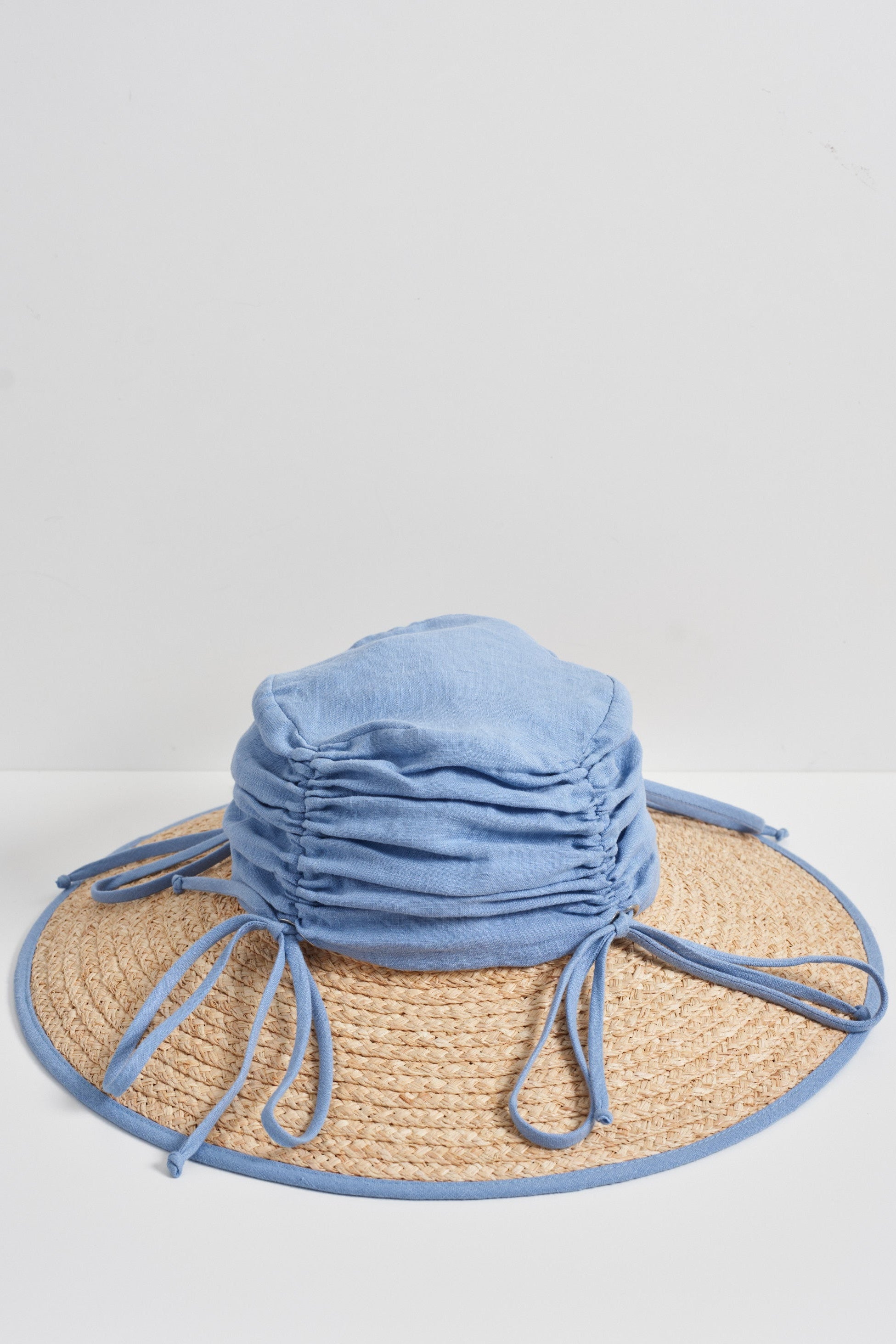 Rosemary | Wide brim ruched straw hat | Cerulean blue linen