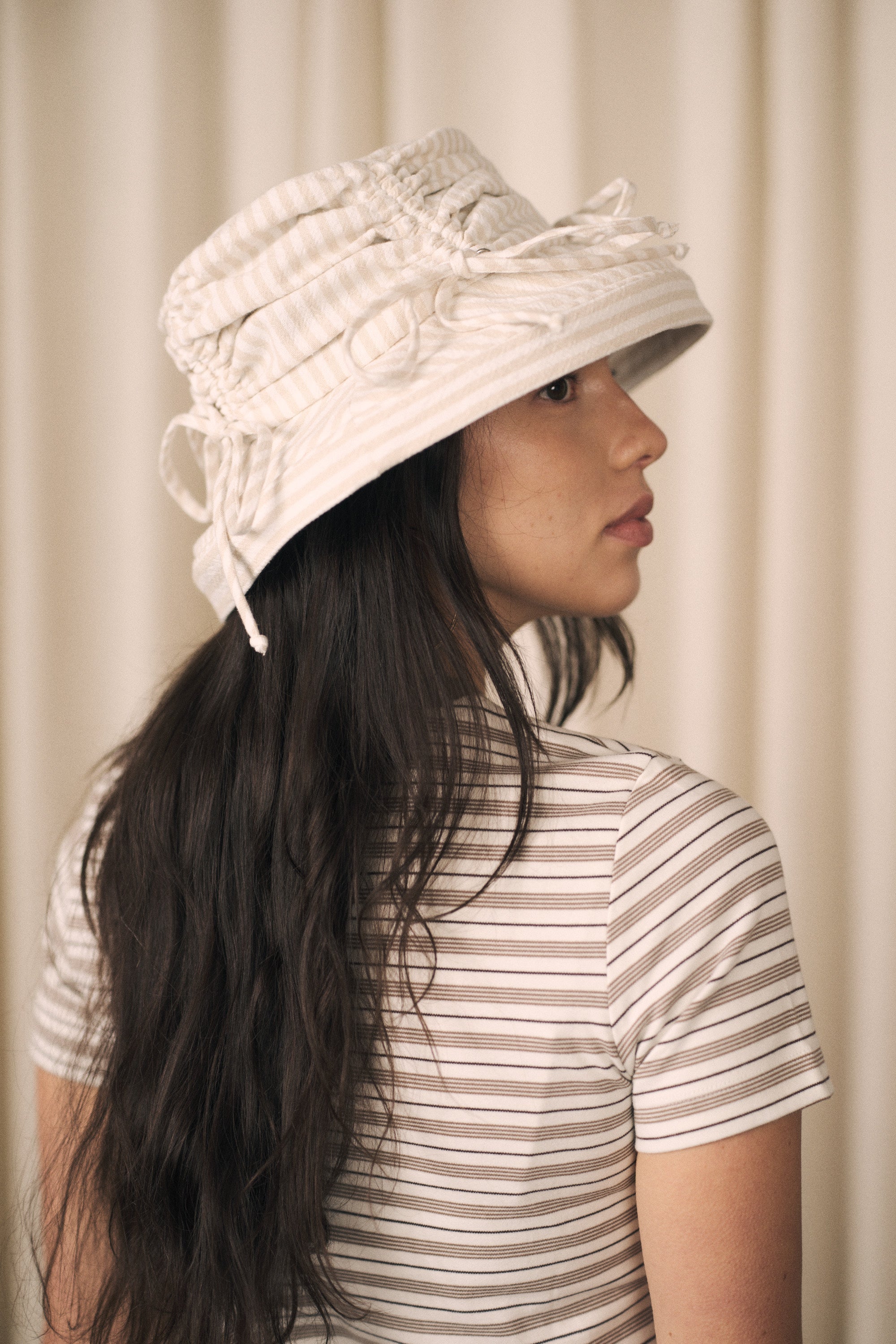 Thyme | Ruched bucket hat | Sand stripes
