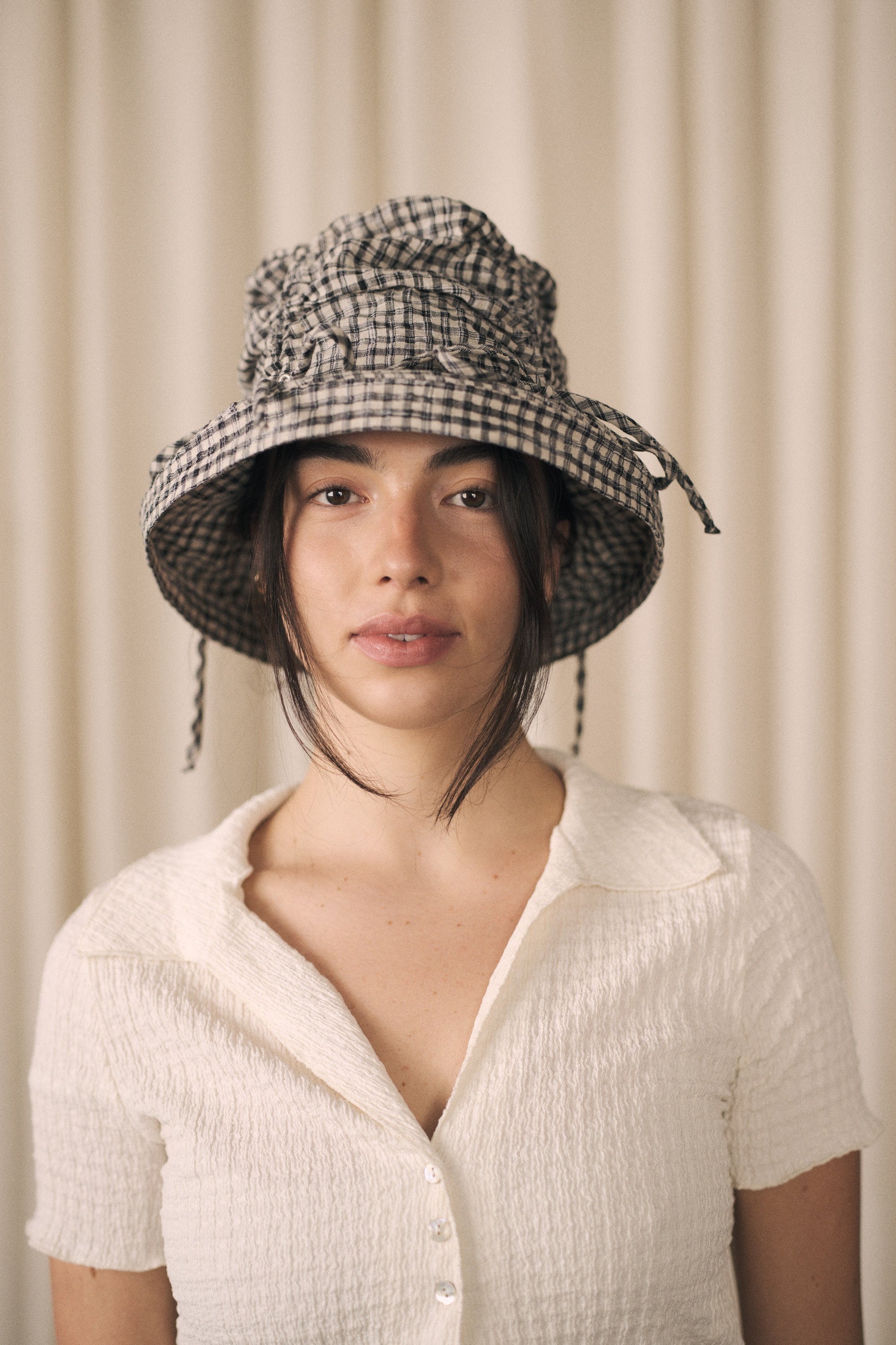 Thyme | Ruched bucket hat | Black gingham