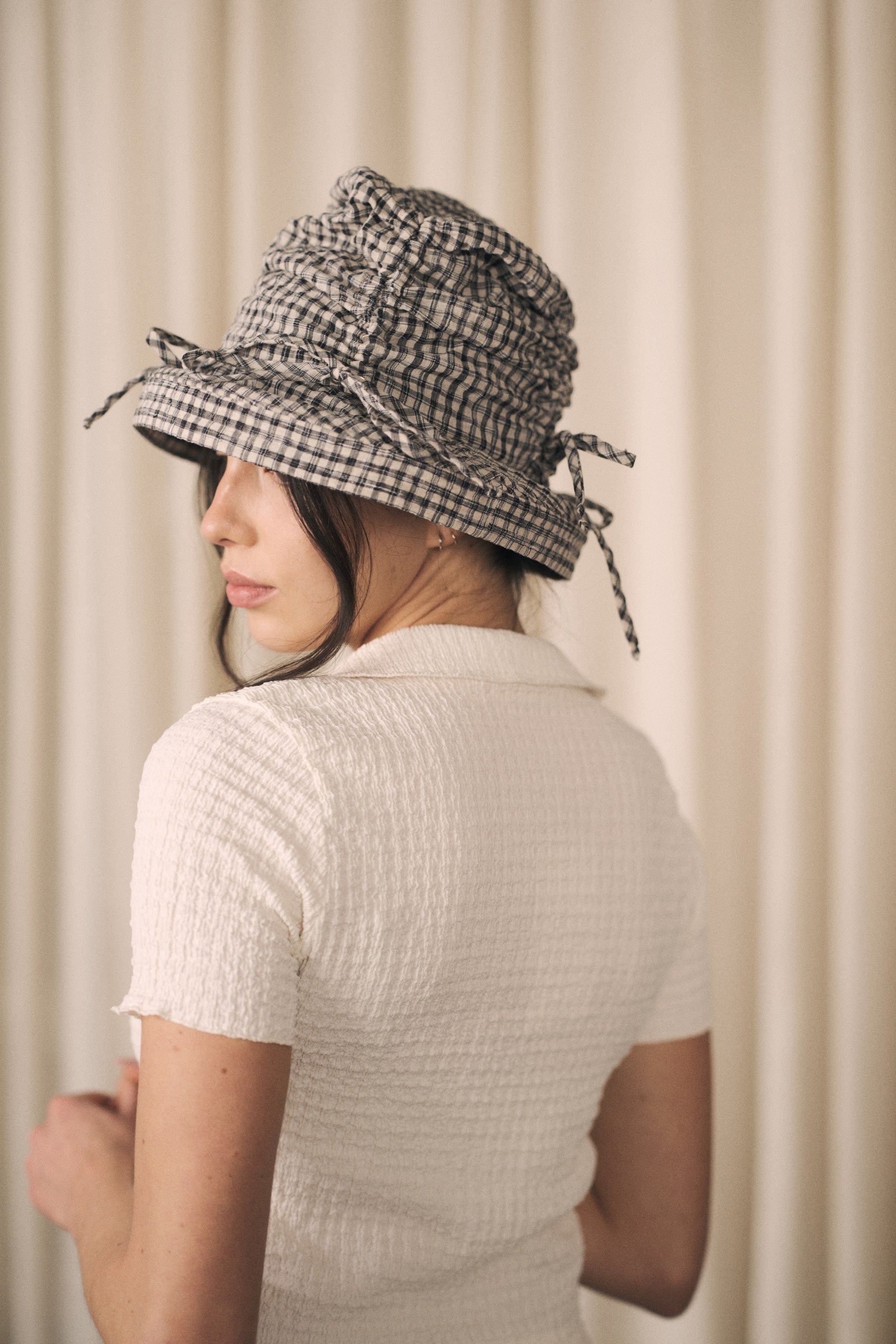 Thyme | Ruched bucket hat | Black gingham