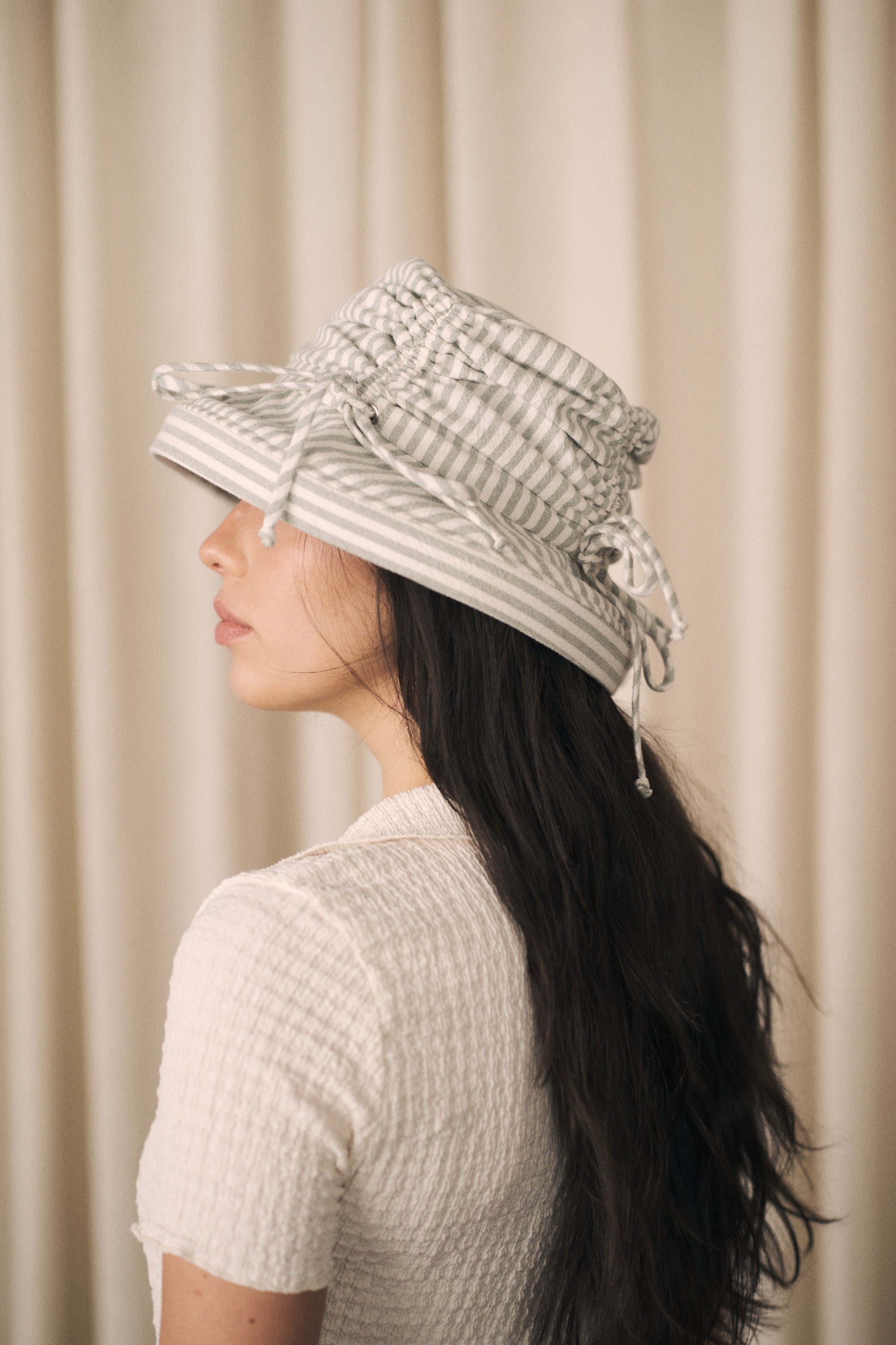 Thyme | Ruched bucket hat | Green stripes