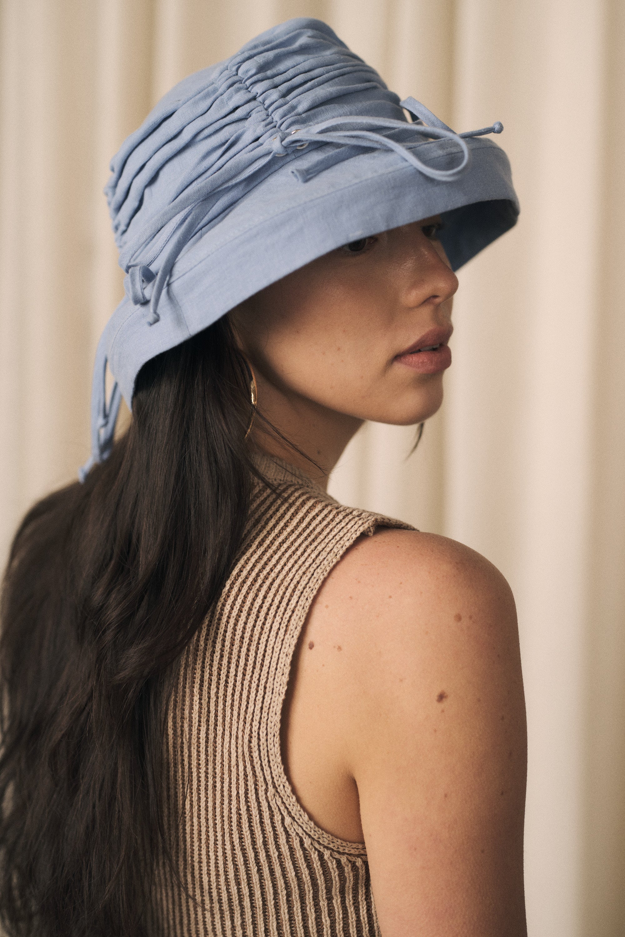 Thyme | Ruched bucket hat | Cerulean blue linen