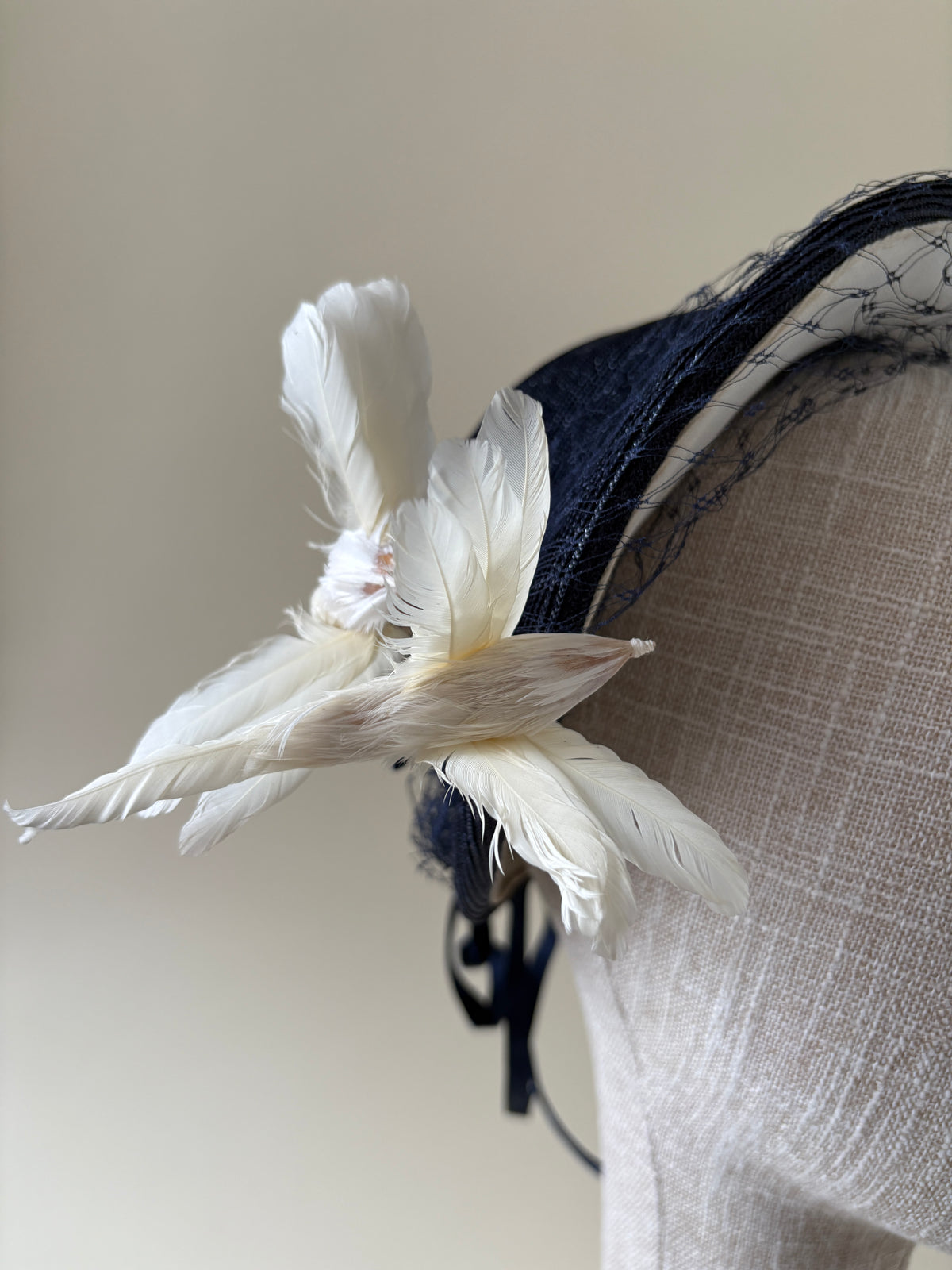 Vintage hat #019 | 1950's Navy blue straw half hat bonnet with veil and white feather birds