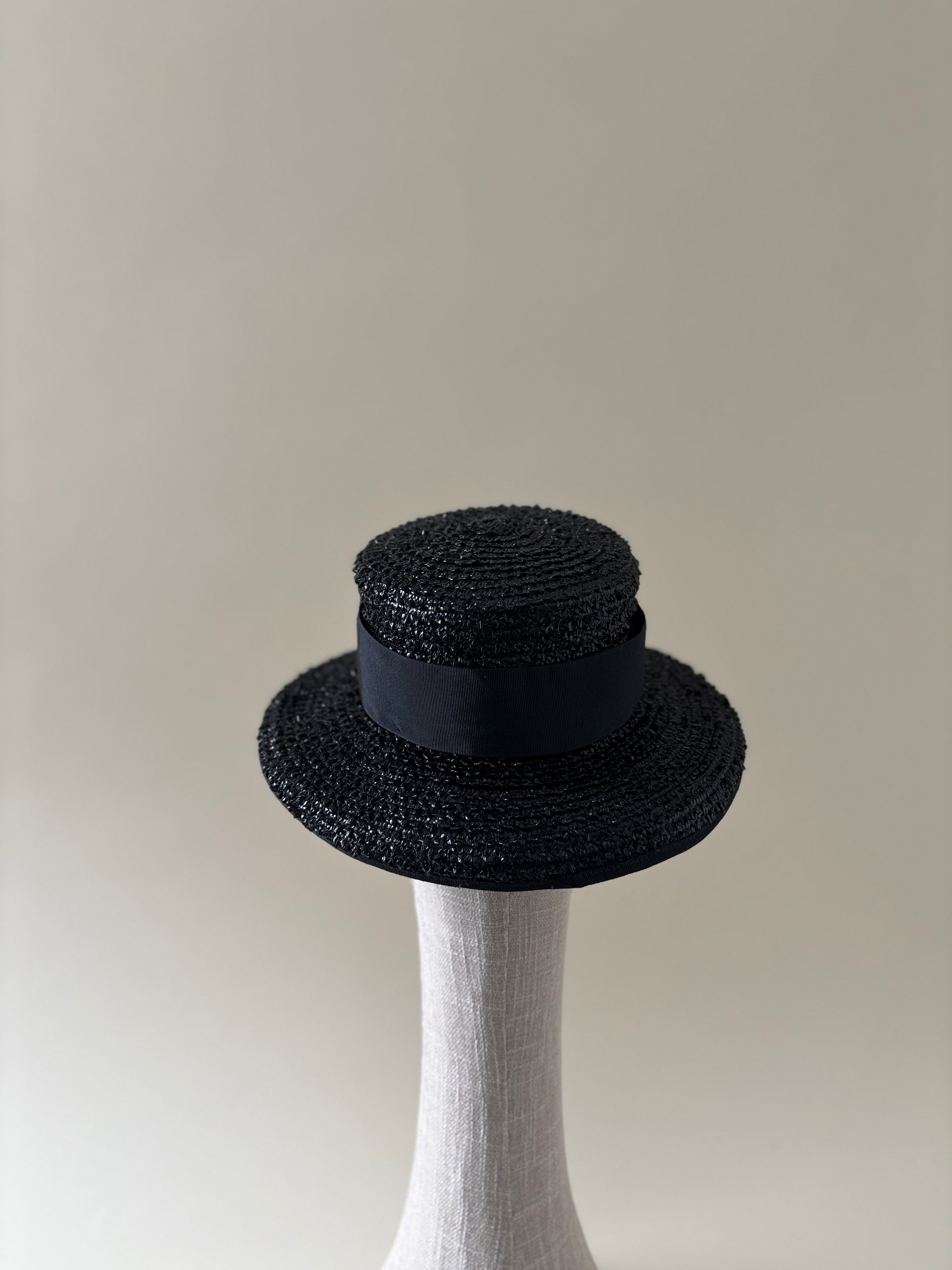 Vintage hat #029 | 1960's Black straw boater hat with black grosgrain ribbon