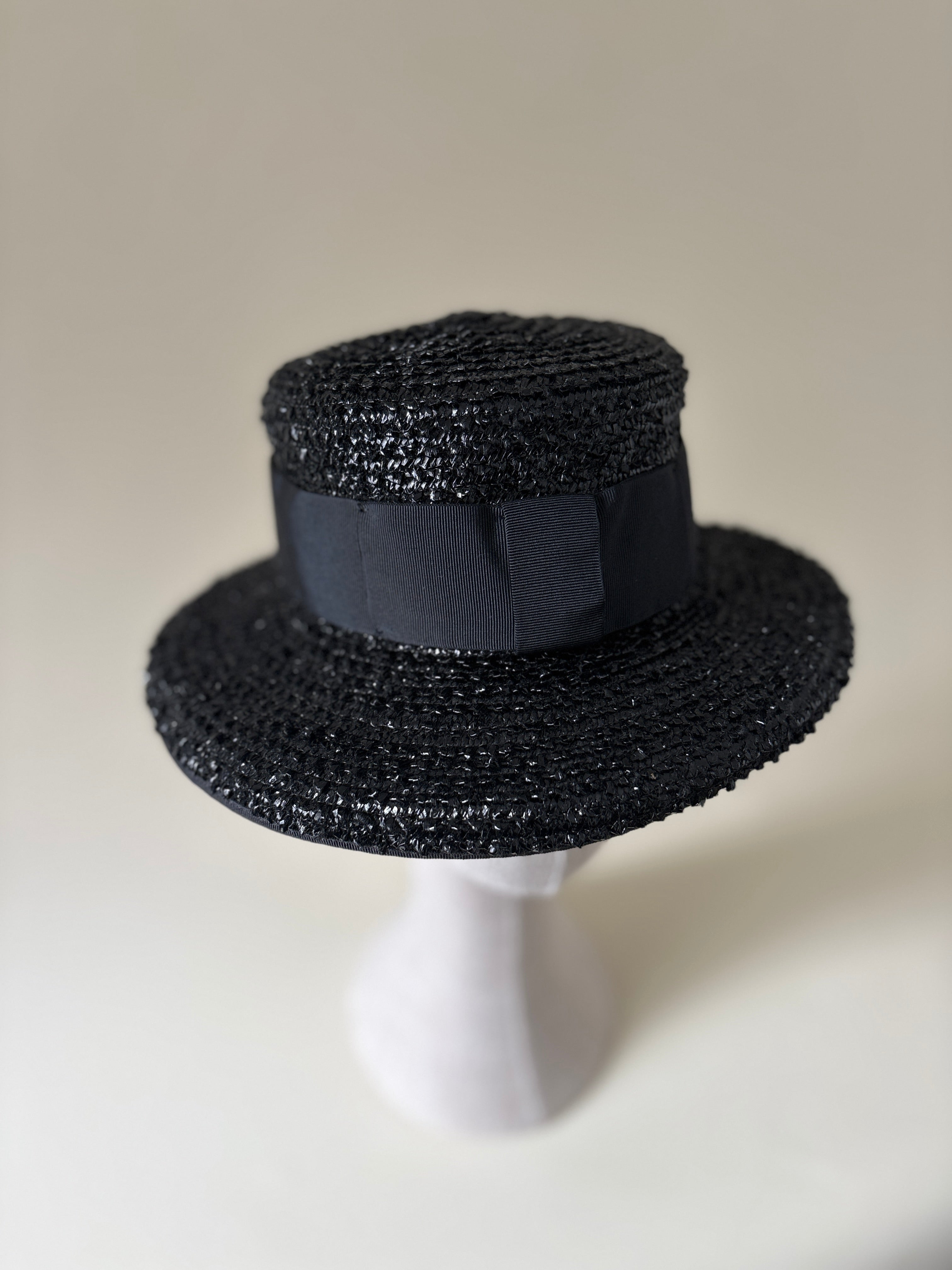 Vintage hat #029 | 1960's Black straw boater hat with black grosgrain ribbon