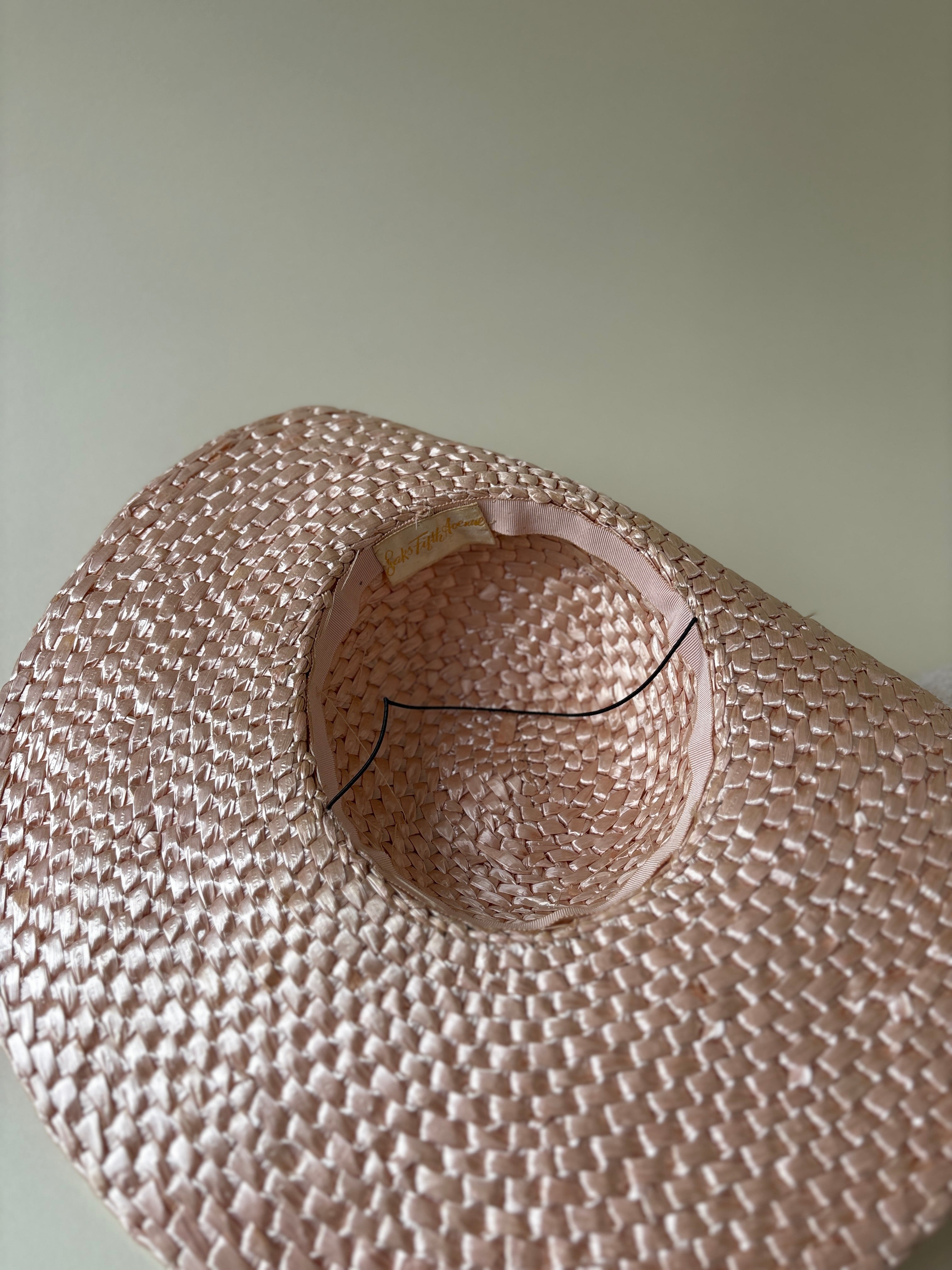 Vintage hat #020 | 1970's wide pink straw hat with silk flowers