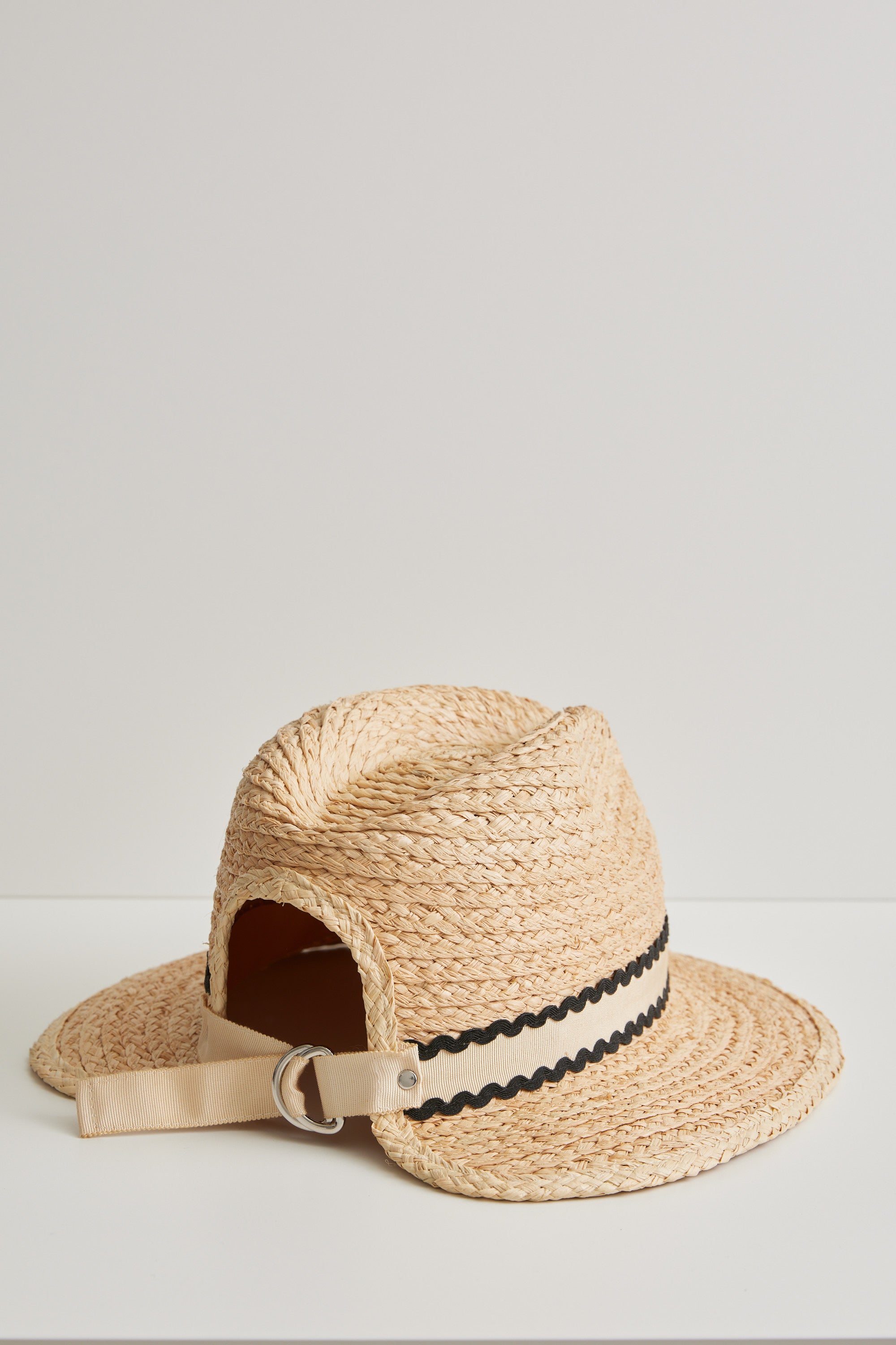 Anemone - Adjustable straw fedora hat - Natural ribbon with black ric-rac