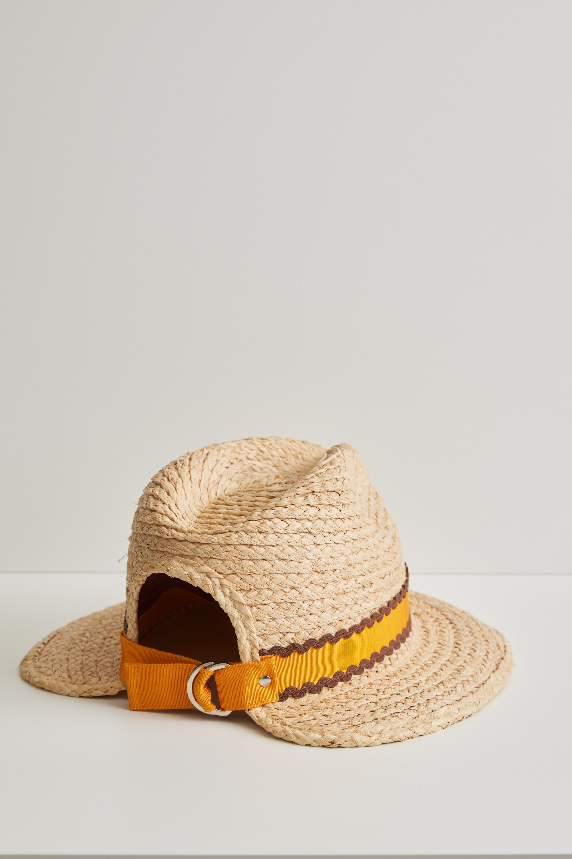 Anemone - Adjustable straw fedora hat - Orange ribbon with brown ric-rac