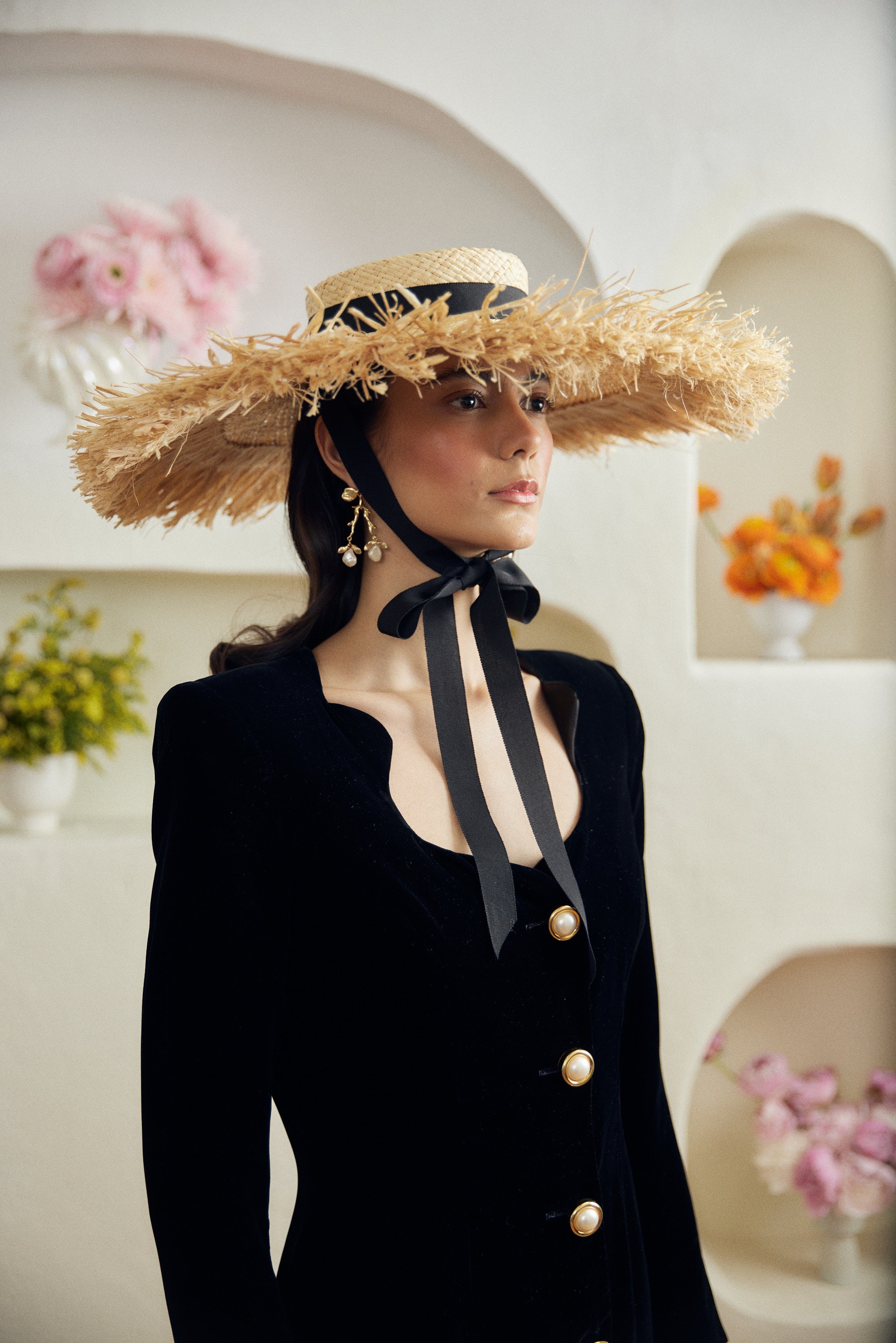 Beaton straw hat - Extra wide with fringed edge and detachable ribbon