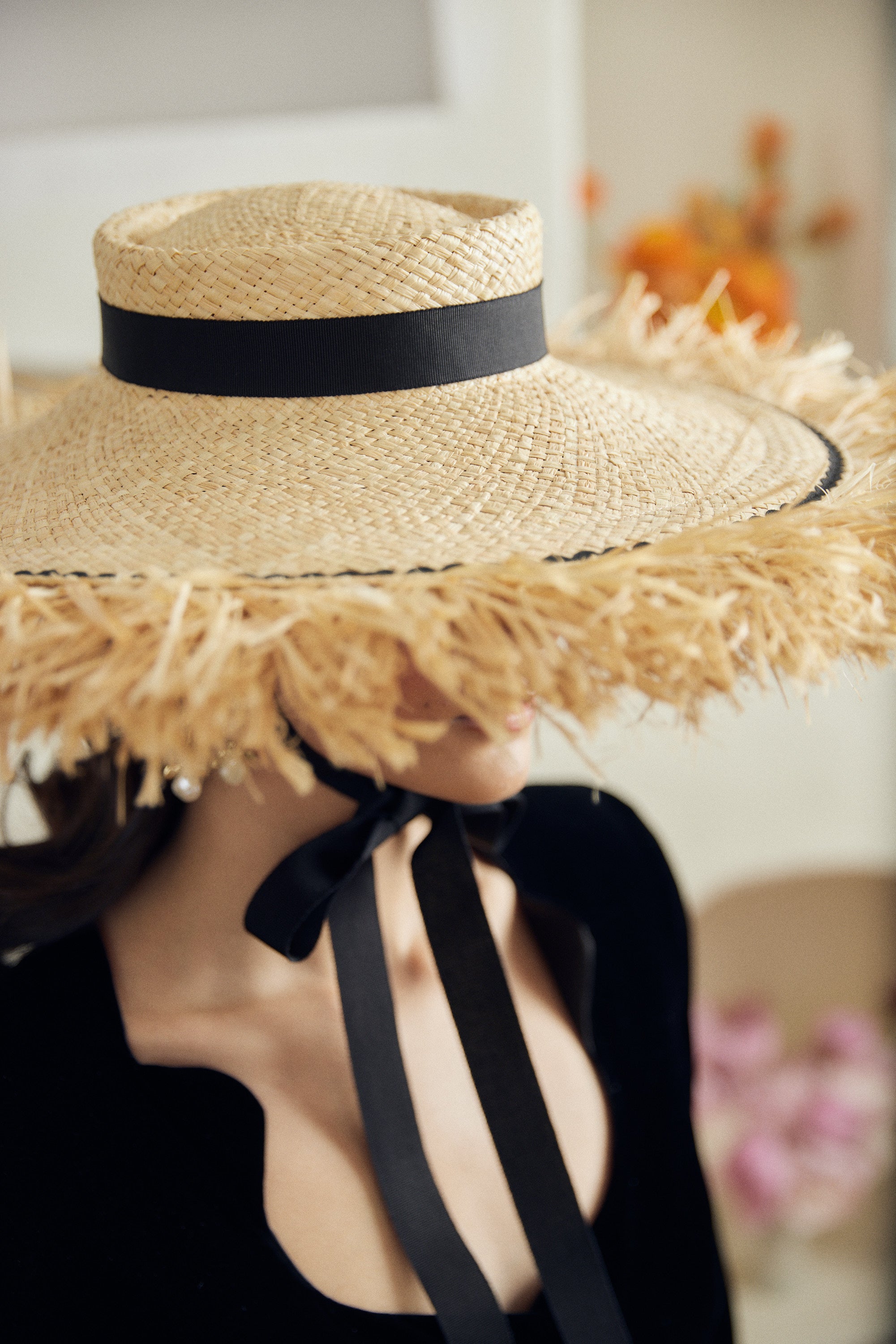 Beaton straw hat - Extra wide with fringed edge and detachable ribbon