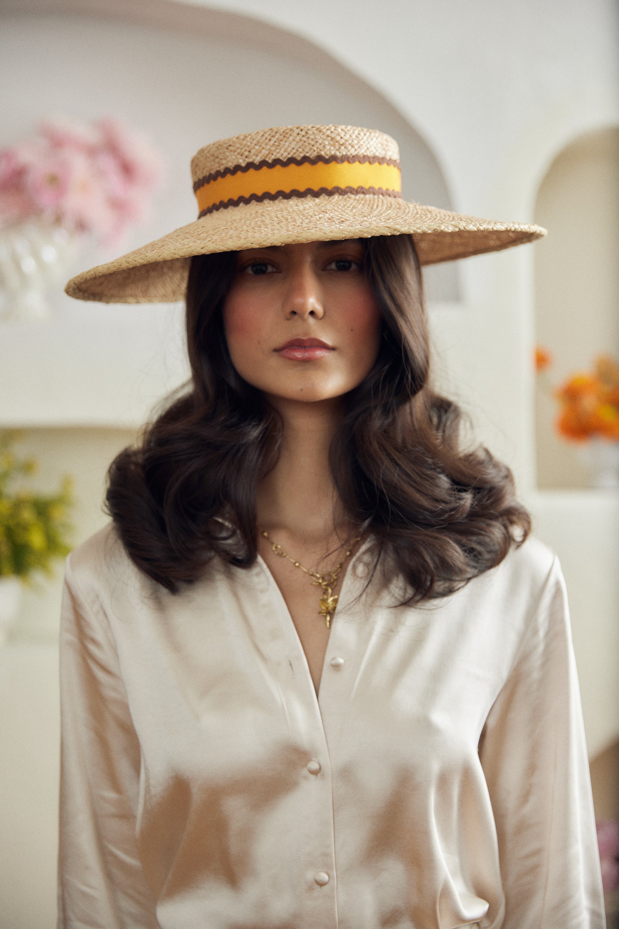 Beaton straw hat - Removable ribbon in orange with brown ric-rac
