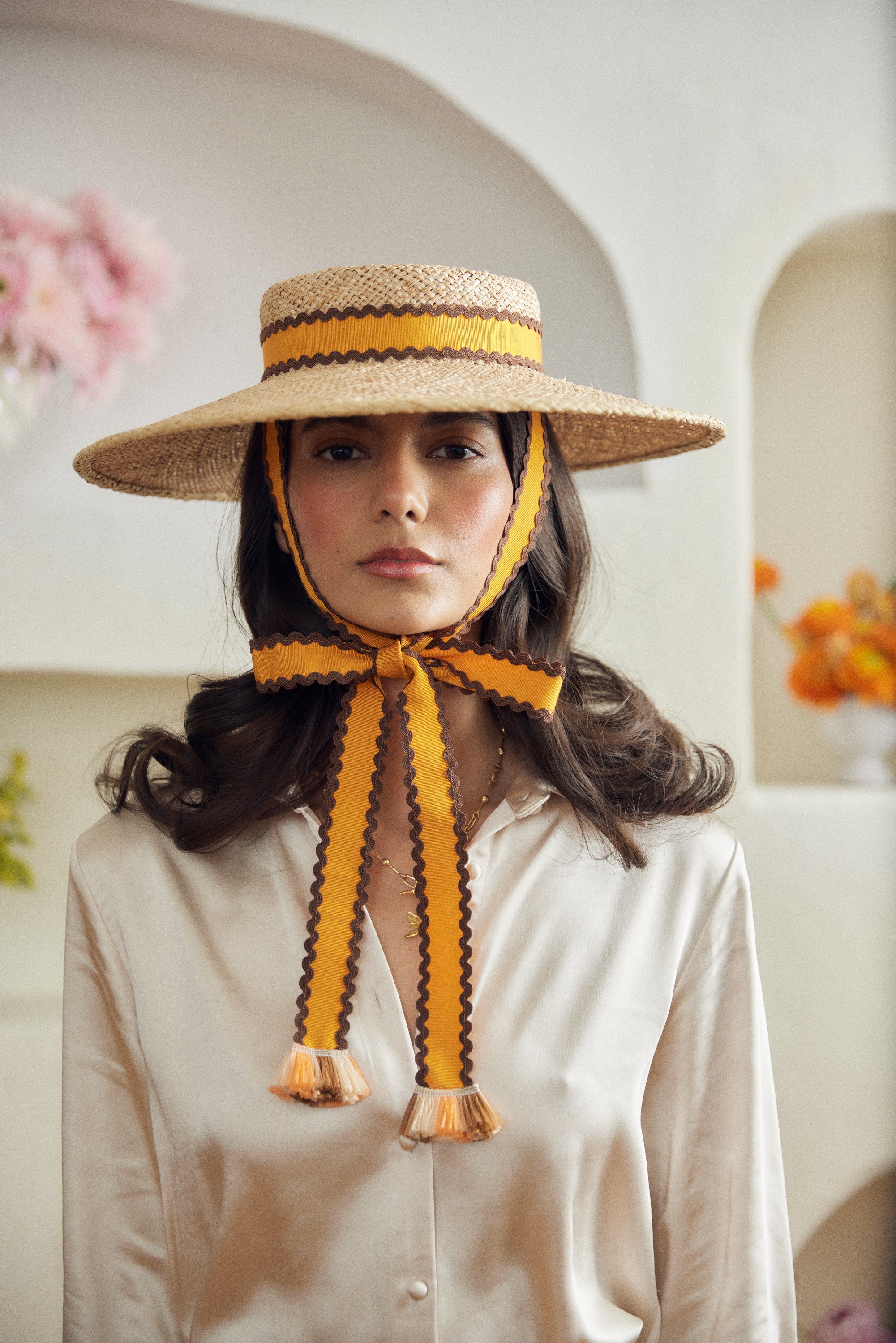 Beaton straw hat - Removable ribbon in orange with brown ric-rac