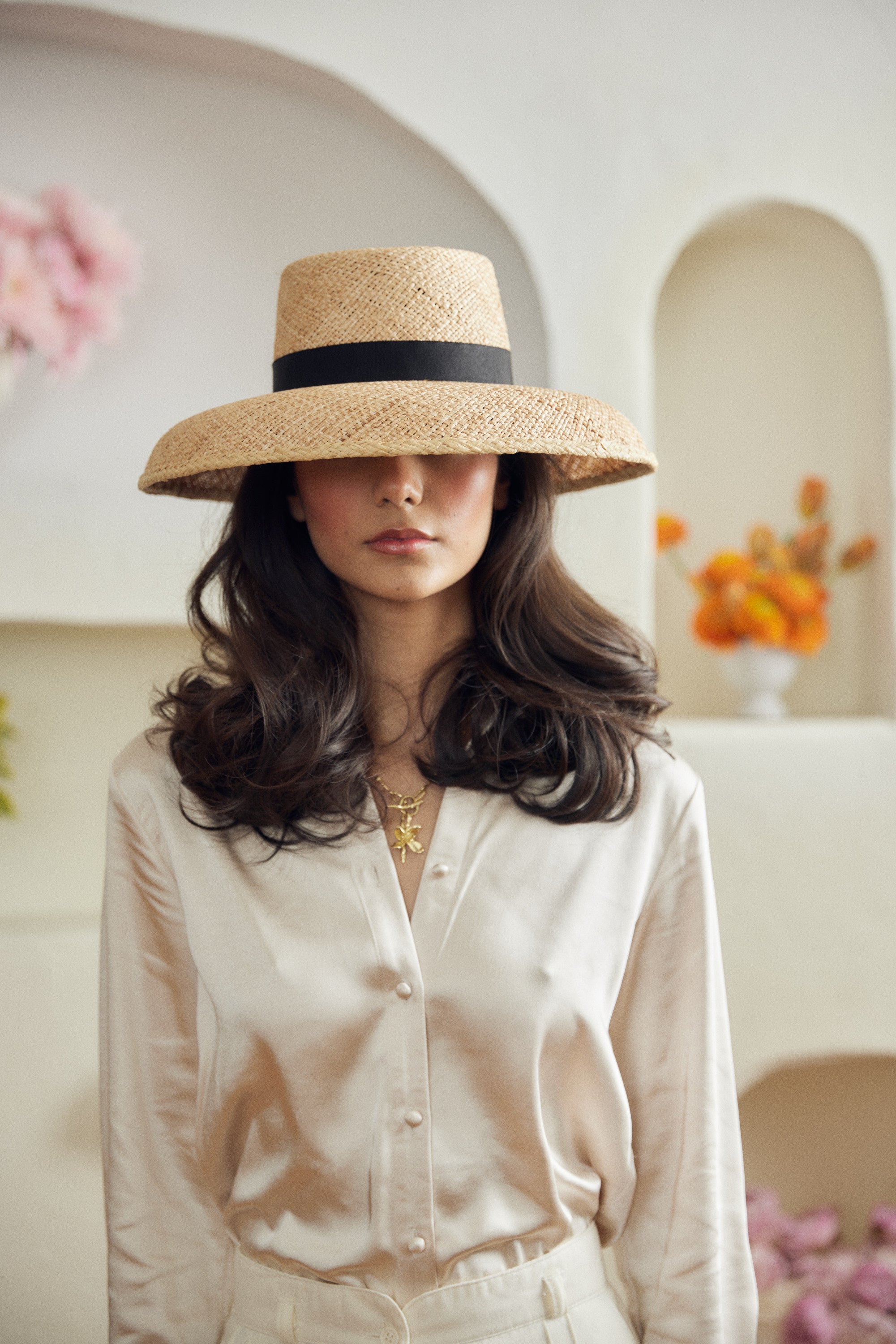 Calcarella straw hat - Detachable black grosgrain ribbon