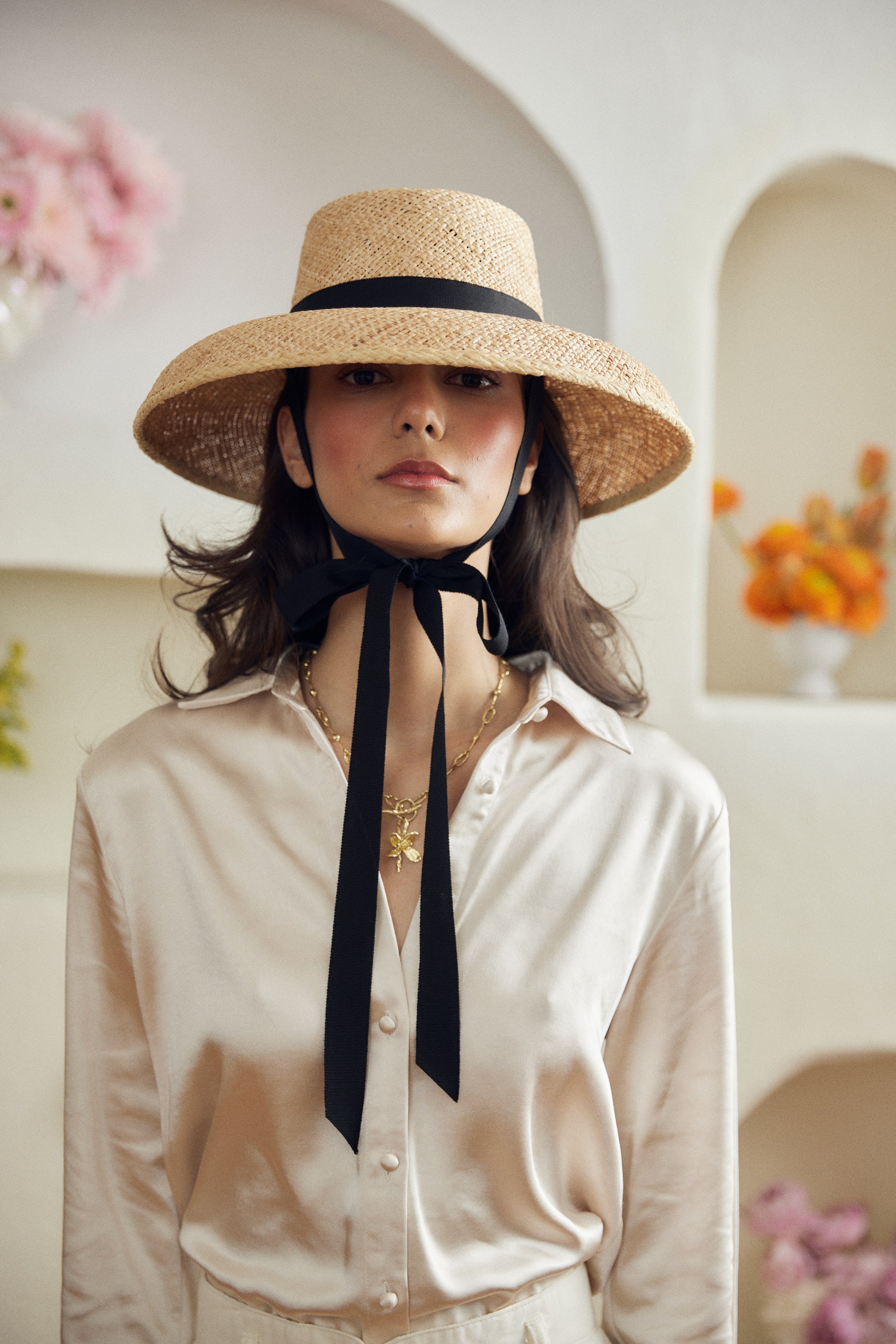 Calcarella straw hat - Detachable black grosgrain ribbon