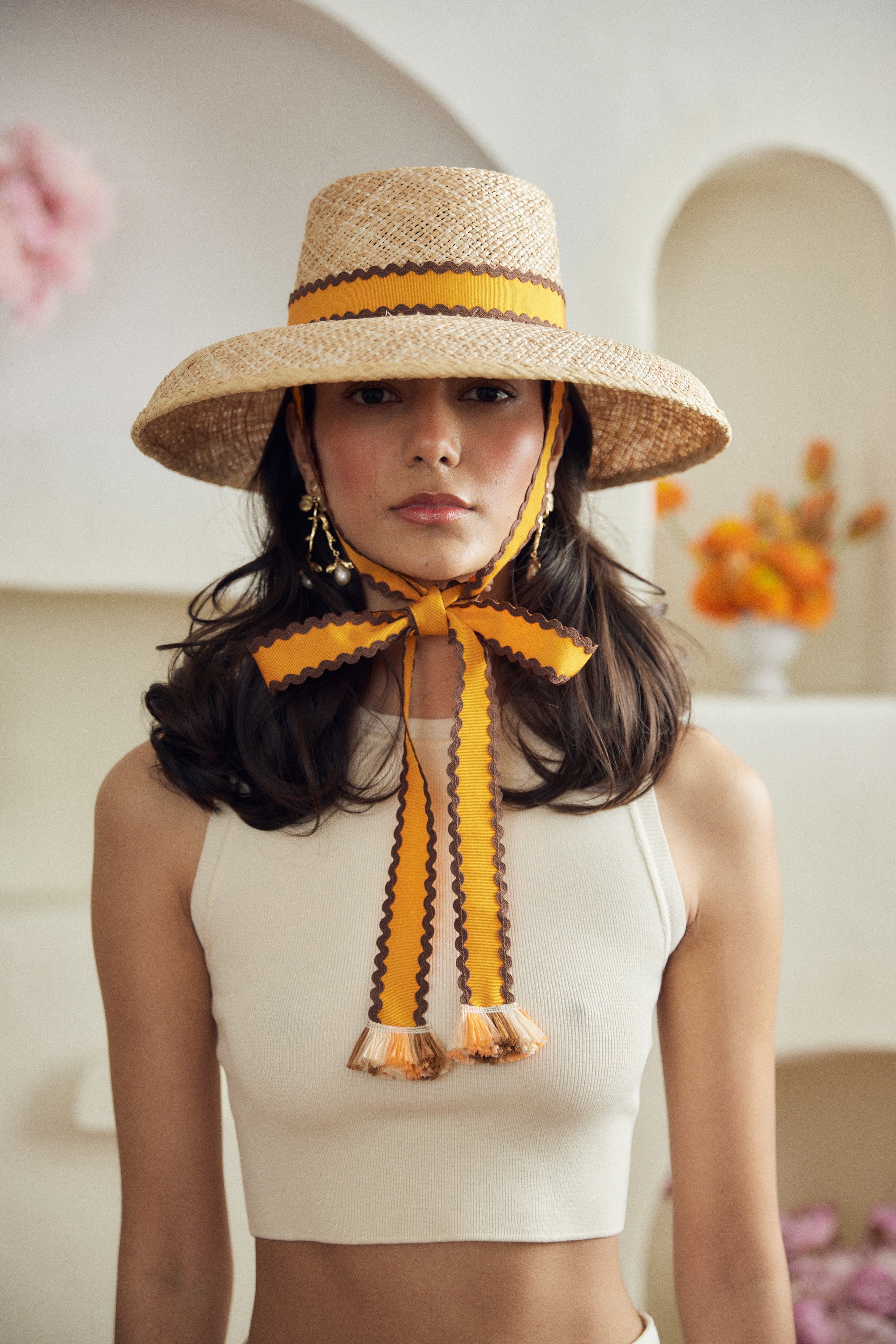Calcarella straw hat - Detachable orange grosgrain ribbon with brown ric-rac