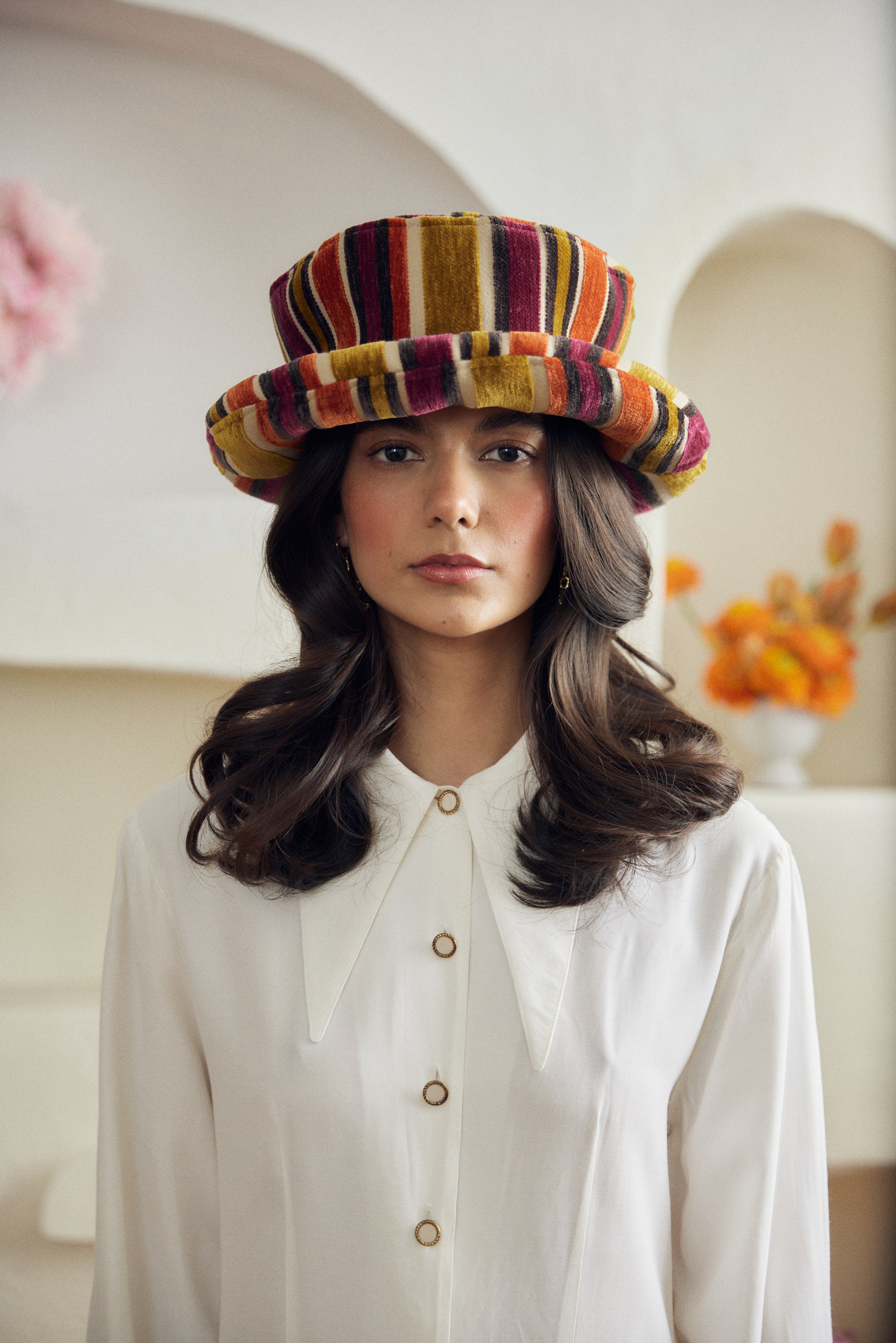Campanula puff hat- Striped Italian chenille jacquard
