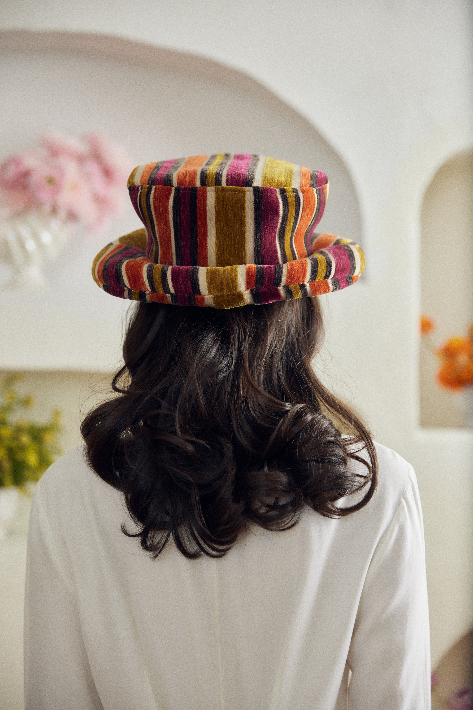 Campanula puff hat- Striped Italian chenille jacquard