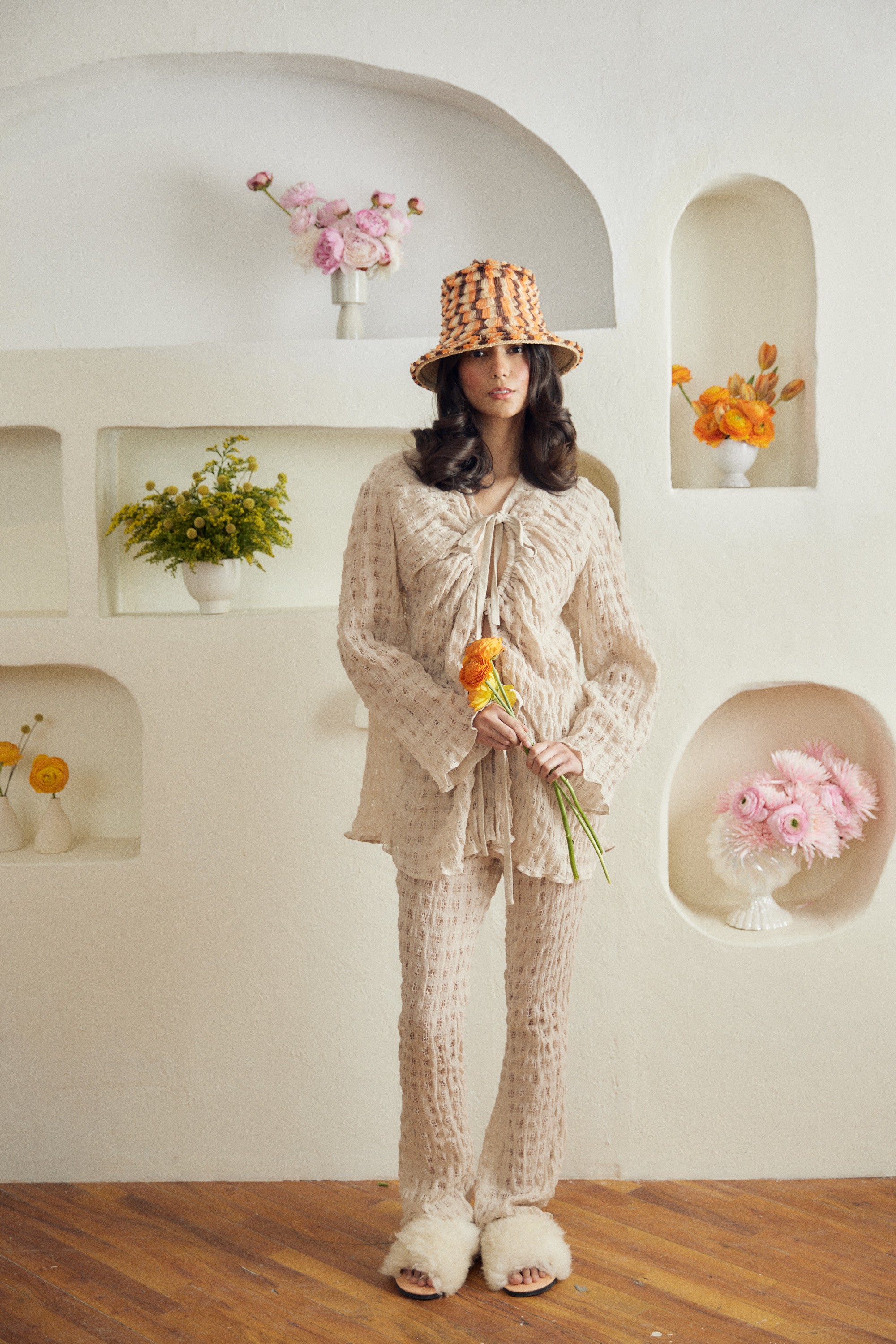 Chrysanthemum straw hat - Orange and brown straw fringe