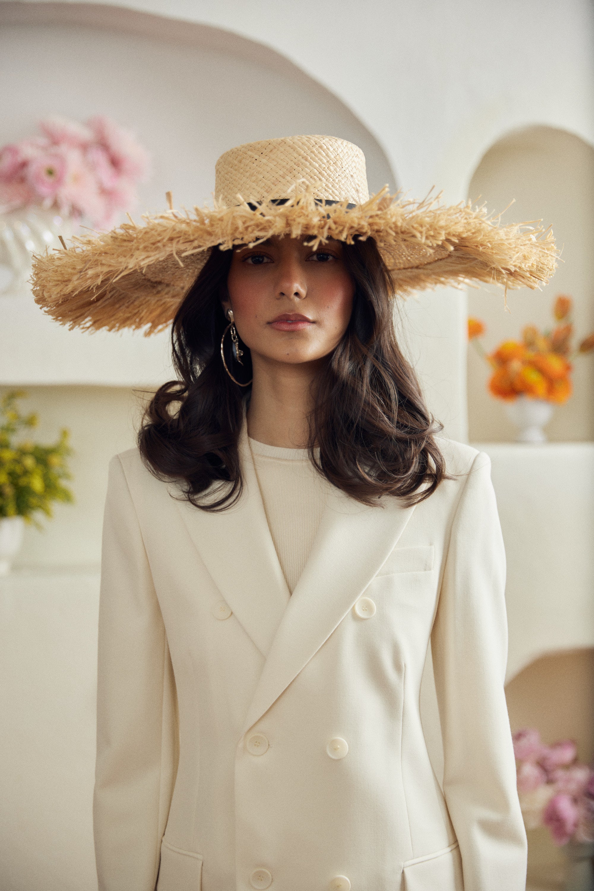 Dahlia straw hat - Extra wide with fringed edge and detachable ribbon