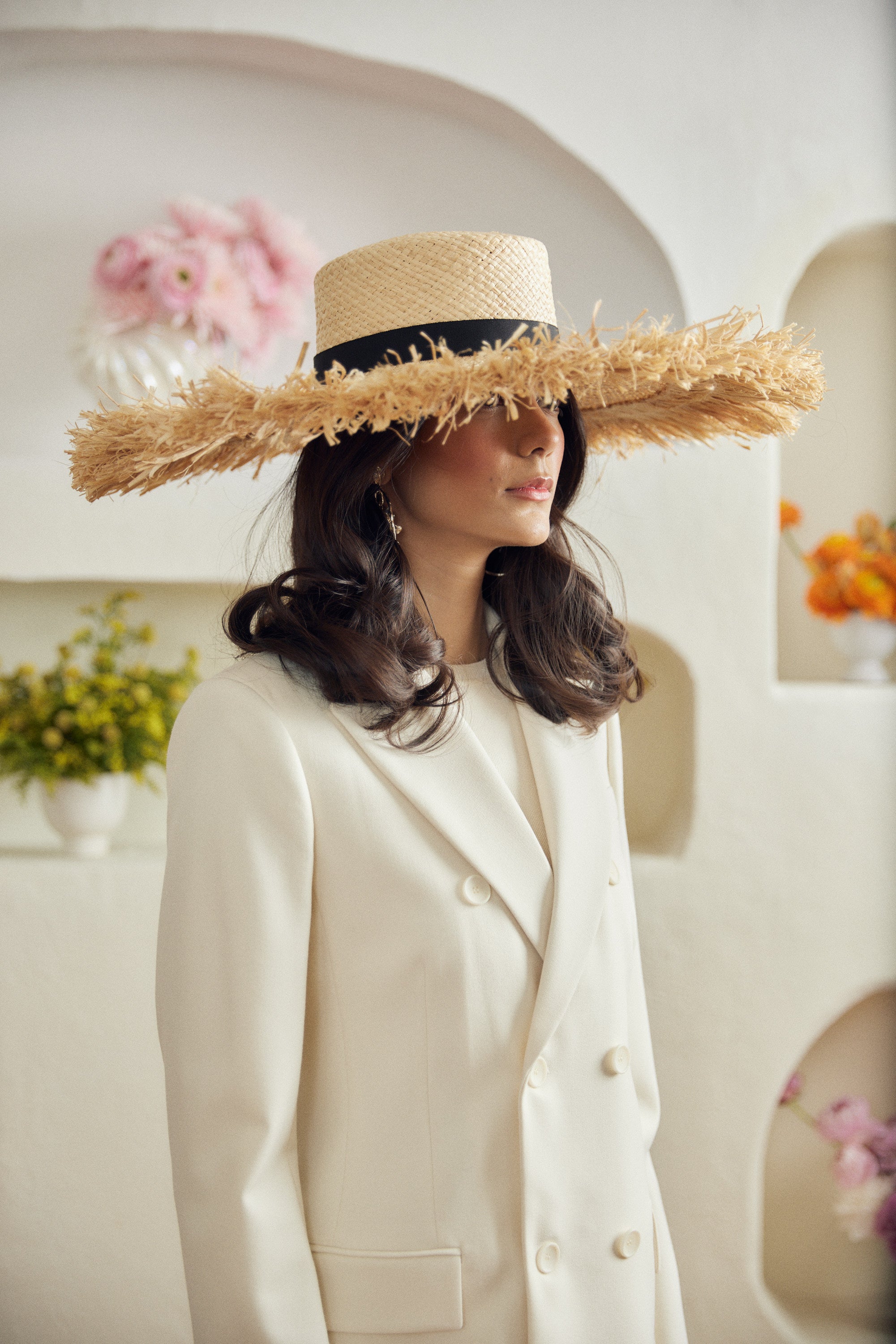 Dahlia straw hat - Extra wide with fringed edge and detachable ribbon