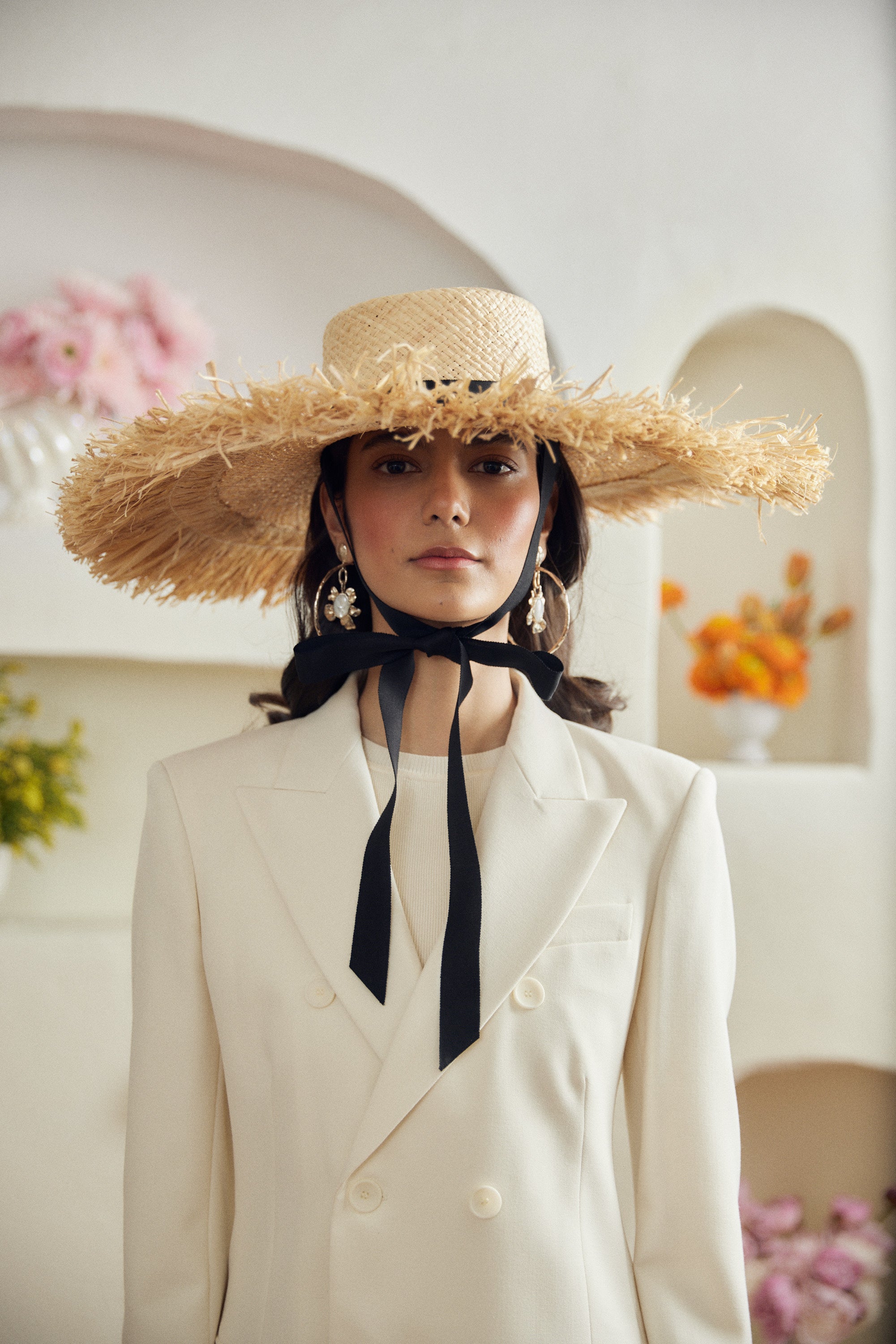 Dahlia straw hat - Extra wide with fringed edge and detachable ribbon