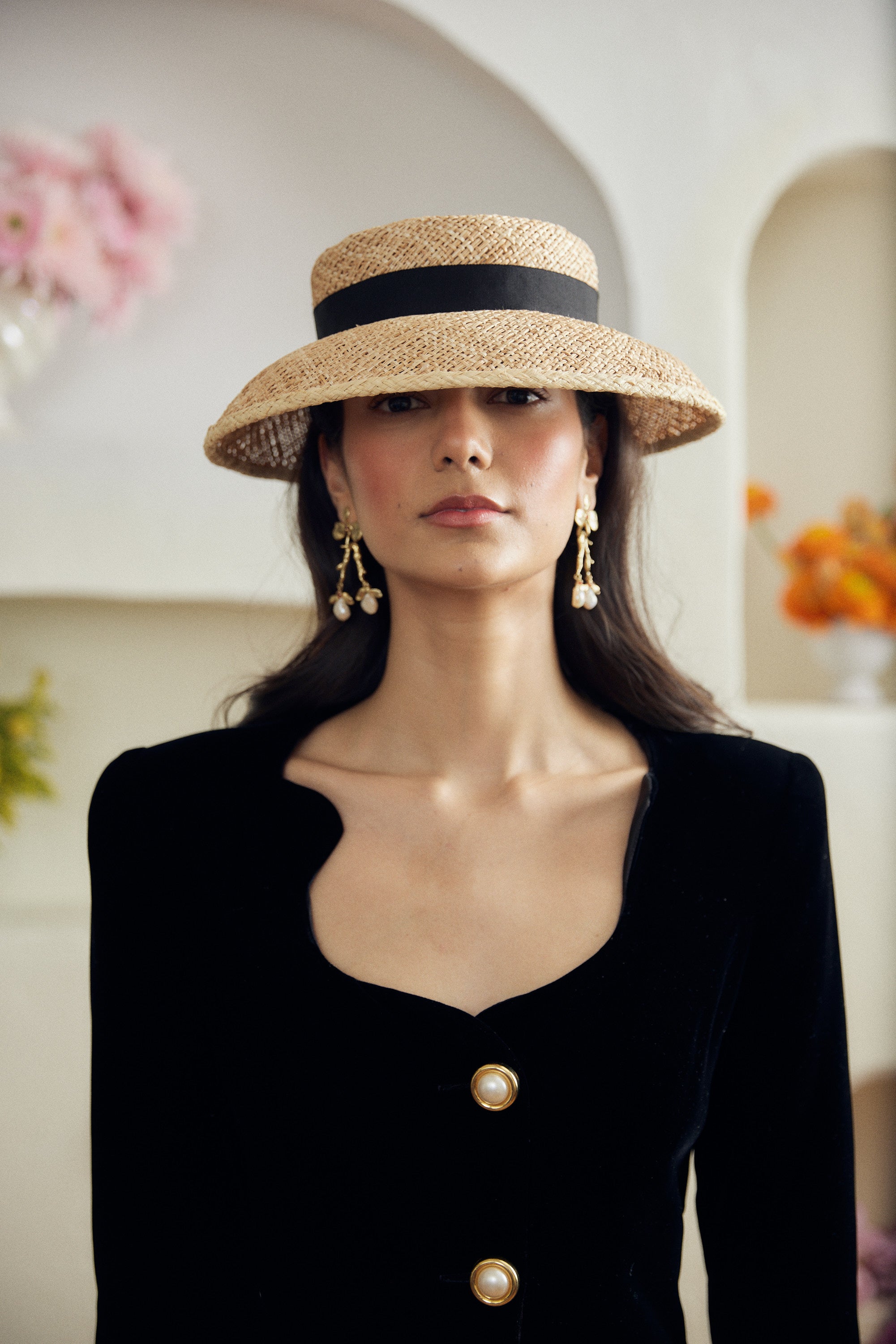 Marigold straw hat -  Detachable black grosgrain ribbon
