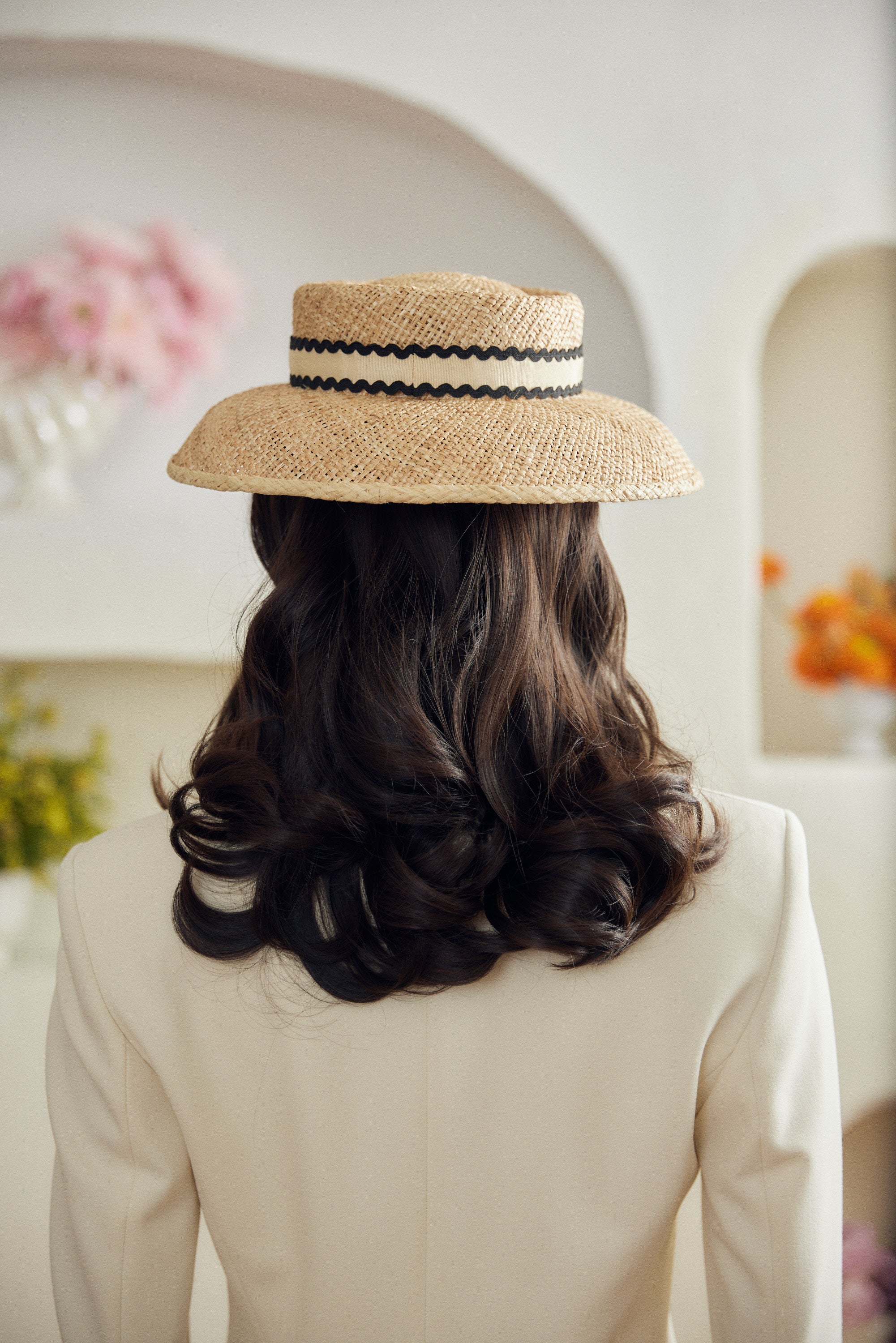 Marigold straw hat -  Detachable natural ribbon with black ric-rac