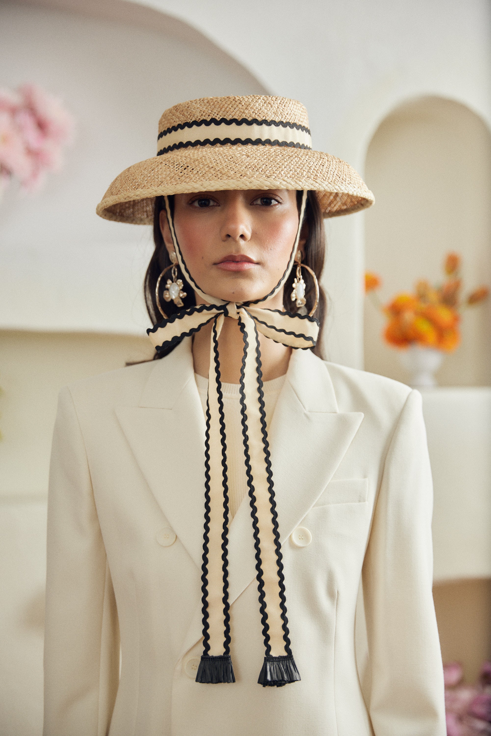 Marigold straw hat -  Detachable natural ribbon with black ric-rac